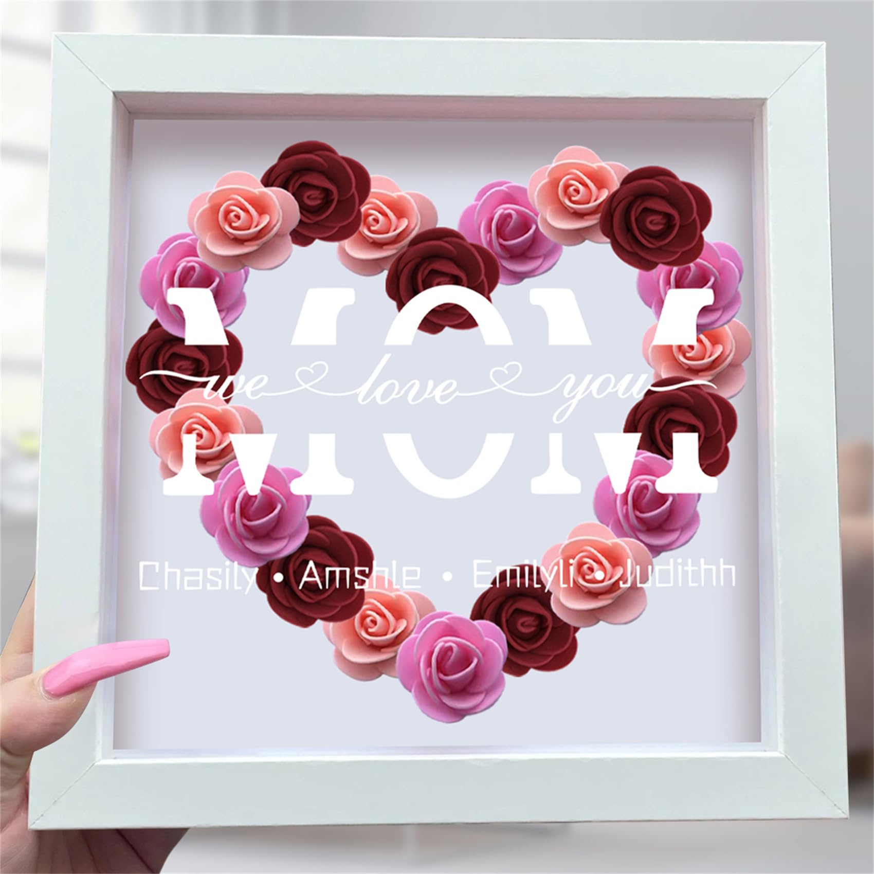 Personalized Flower Shadow Box With Names - Custom Mother's Day Gift For Mom, Heart Shaped, Foam Roses