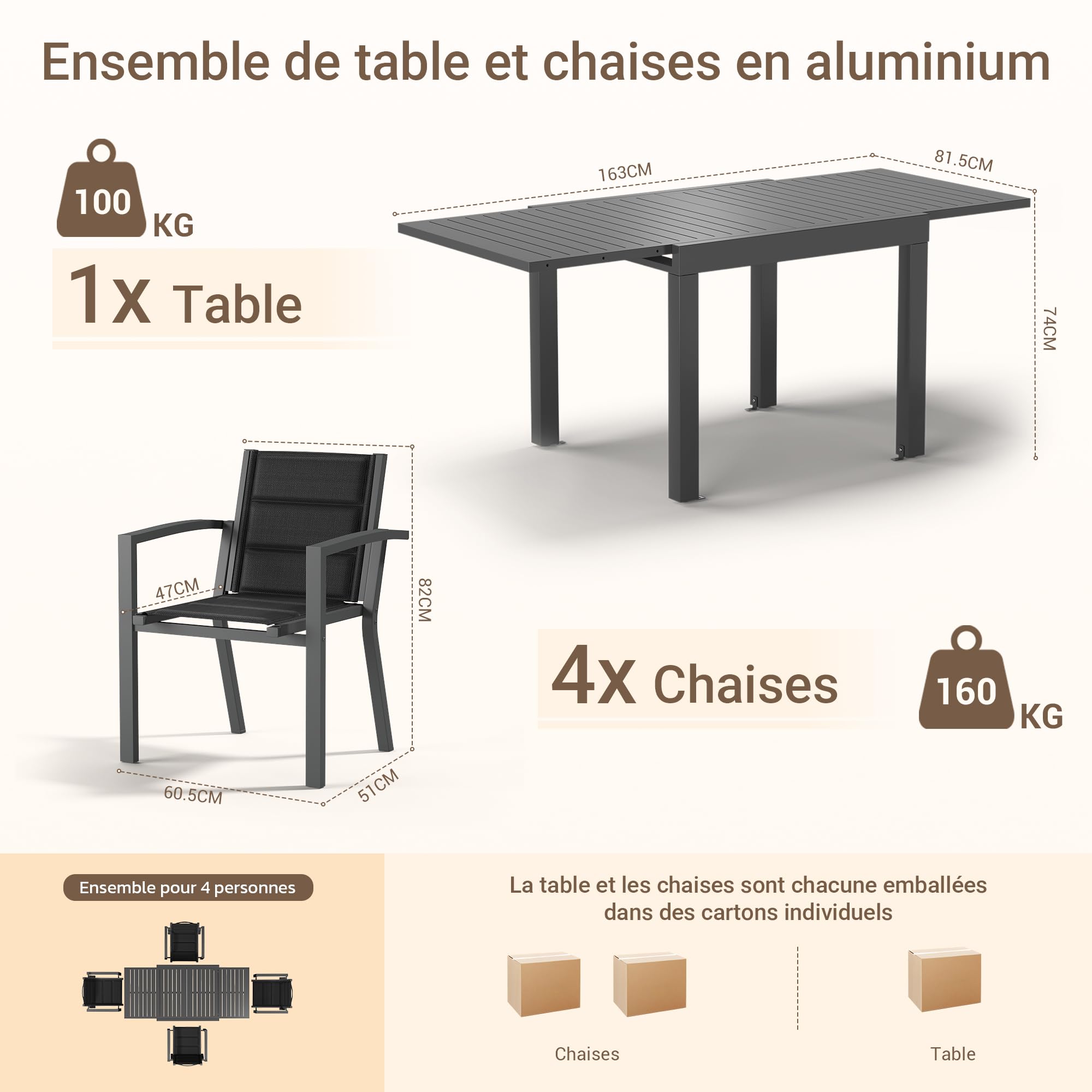 JUMMICO Gartenmöbel Set Aluminium Balkonmöbel Set Terrassenmöbel Gartentisch Ausziehbar 4 Stühle mit 1 Tisch, Gartenstühle Stapelbar und Leicht