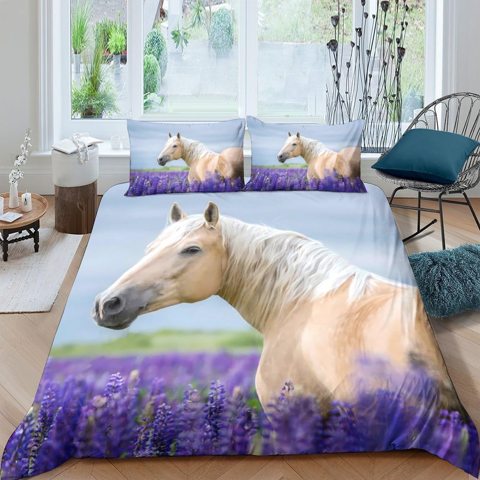 Ctjqhvkz Style-8 3D Printed Lavender Field Horse Fitted Sheet Microfiber Soft Non Slip Bed Cover For Bedroom Guestroom Decor Single（135X200cm）