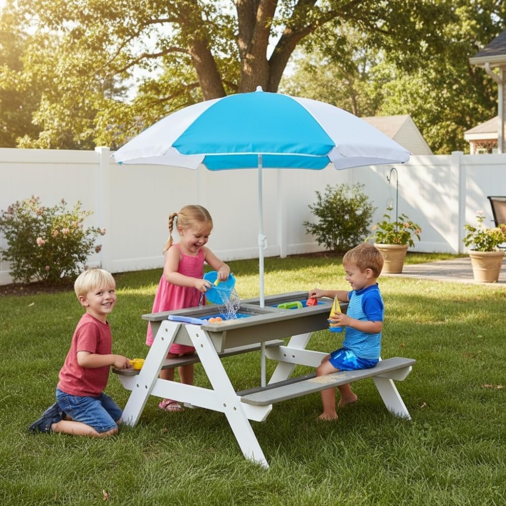 Elountik Wooden Kids Picnic Table with Umbrella - Sand and Water Activity Table for Outdoor Backyard Patio Play
