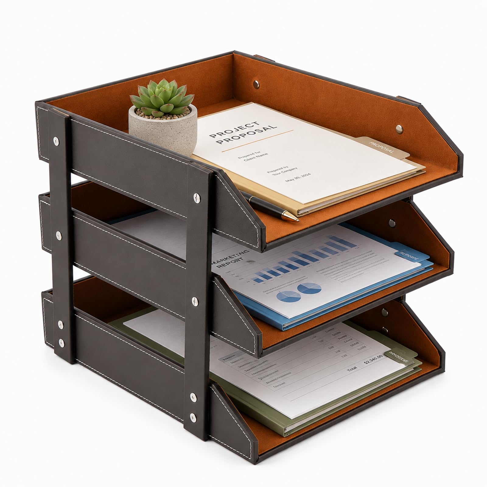 EVERGOODS 3 Tier Desktop Document Tray Organizer PU Leather File Letter Tray Holder Stackable Paper Sorter Rack with Metal Frame Office Desk Organizer for A4 Papers Documents Magazine Storage