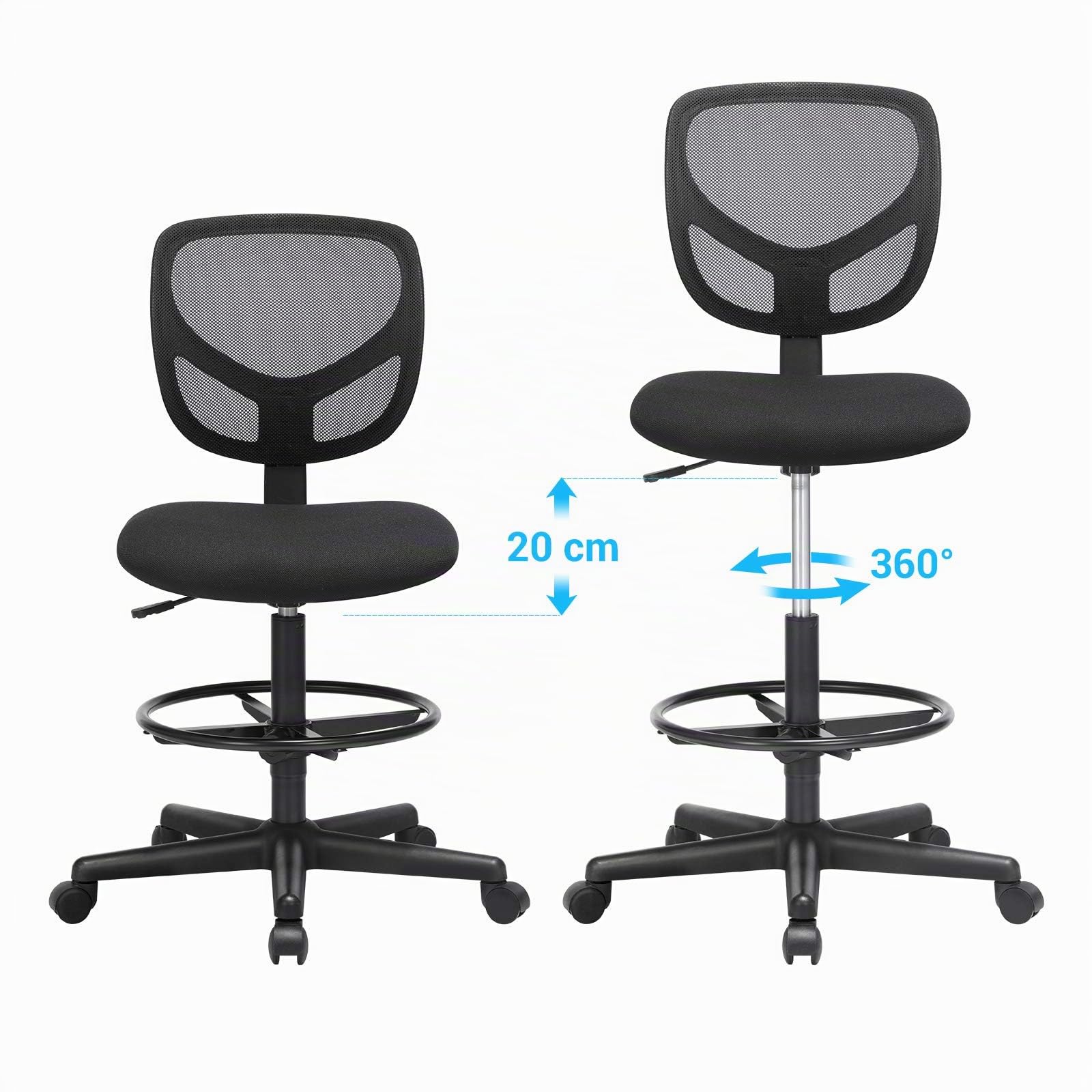 SONGMICS Tabouret avec Repose-Pieds Circulaire, Hauteur réglable, Siège Ergonomique Rotatif, Fauteuil de Bureau sans accoudoirs, Revêtement en Tissu, Charge 120 kg, Noir OBN15BK
