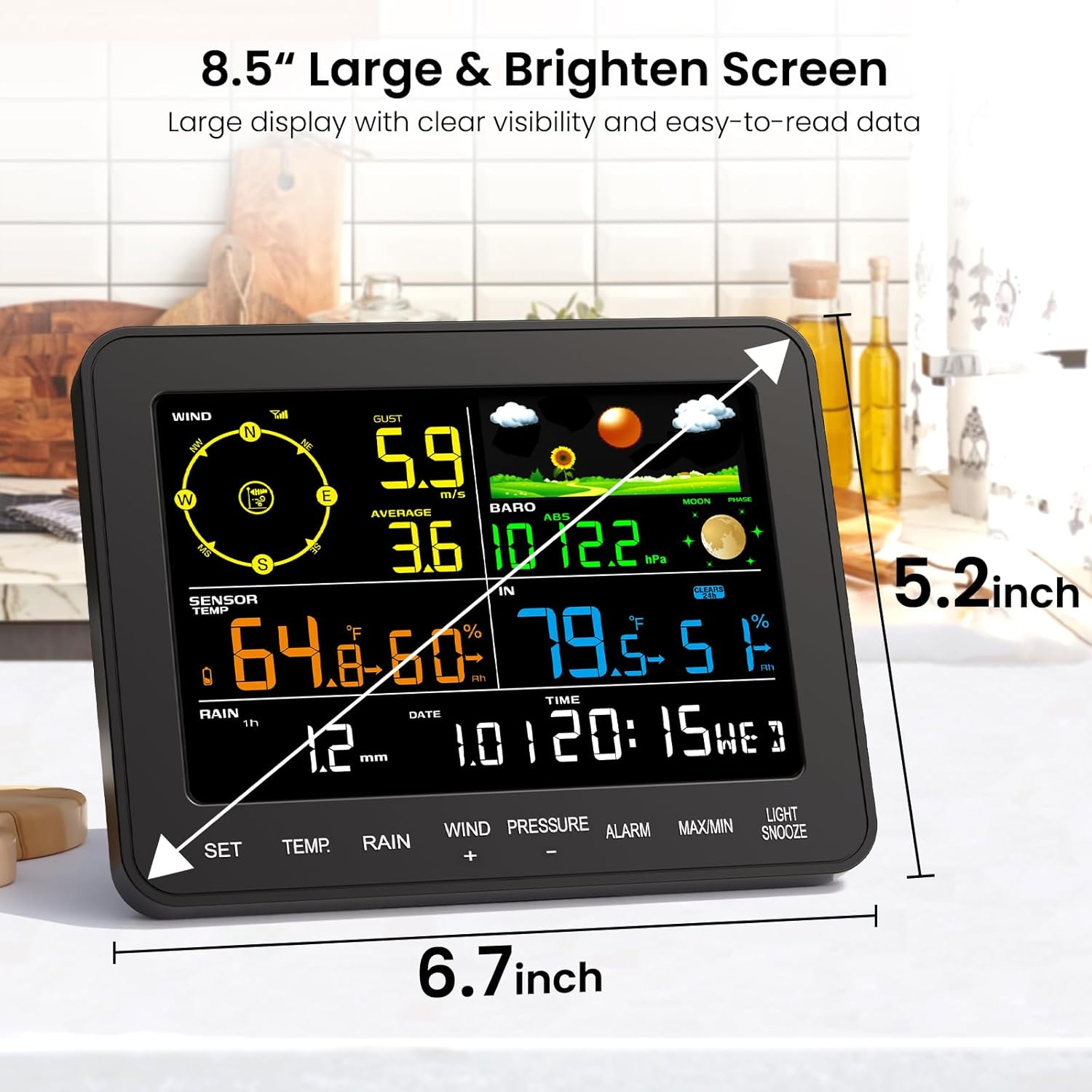 Weather Stations Wireless Indoor Outdoor, Weather Station with Rain Gauge and Wind Speed, Weather Forecast, Temperature, Air Pressure, Humidity, Moon Phase, Alarm Clock(No WiFi)