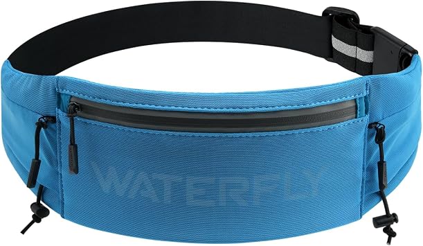 WATERFLY Running Belt Fanny Pack, Runner Race Belt with Bib Clip Blue