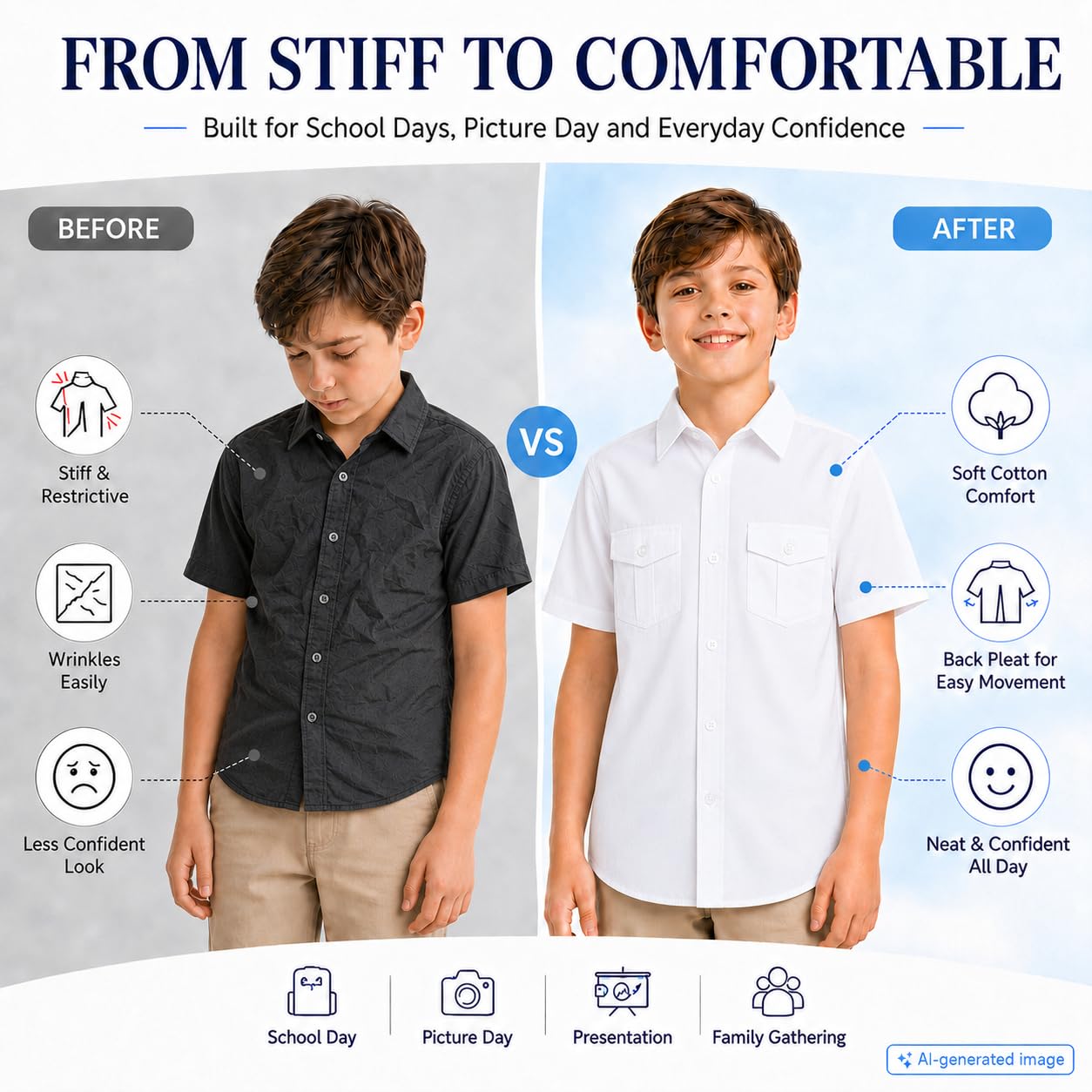 Bienzoe Garçons Manche Courte Chemise pour L'école: Enfants Bouton Haut Collier Robe Mode Chemises