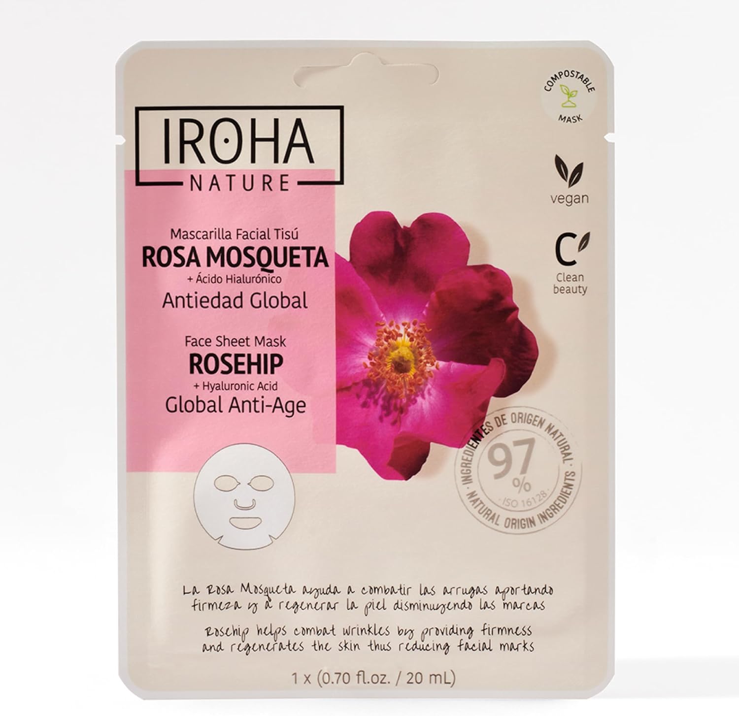 Iroha Nature Mascarilla Facial Antiedad Global | Cosmética Coreana Reafirmante con Rosa Mosqueta | Firmeza y Elasticidad