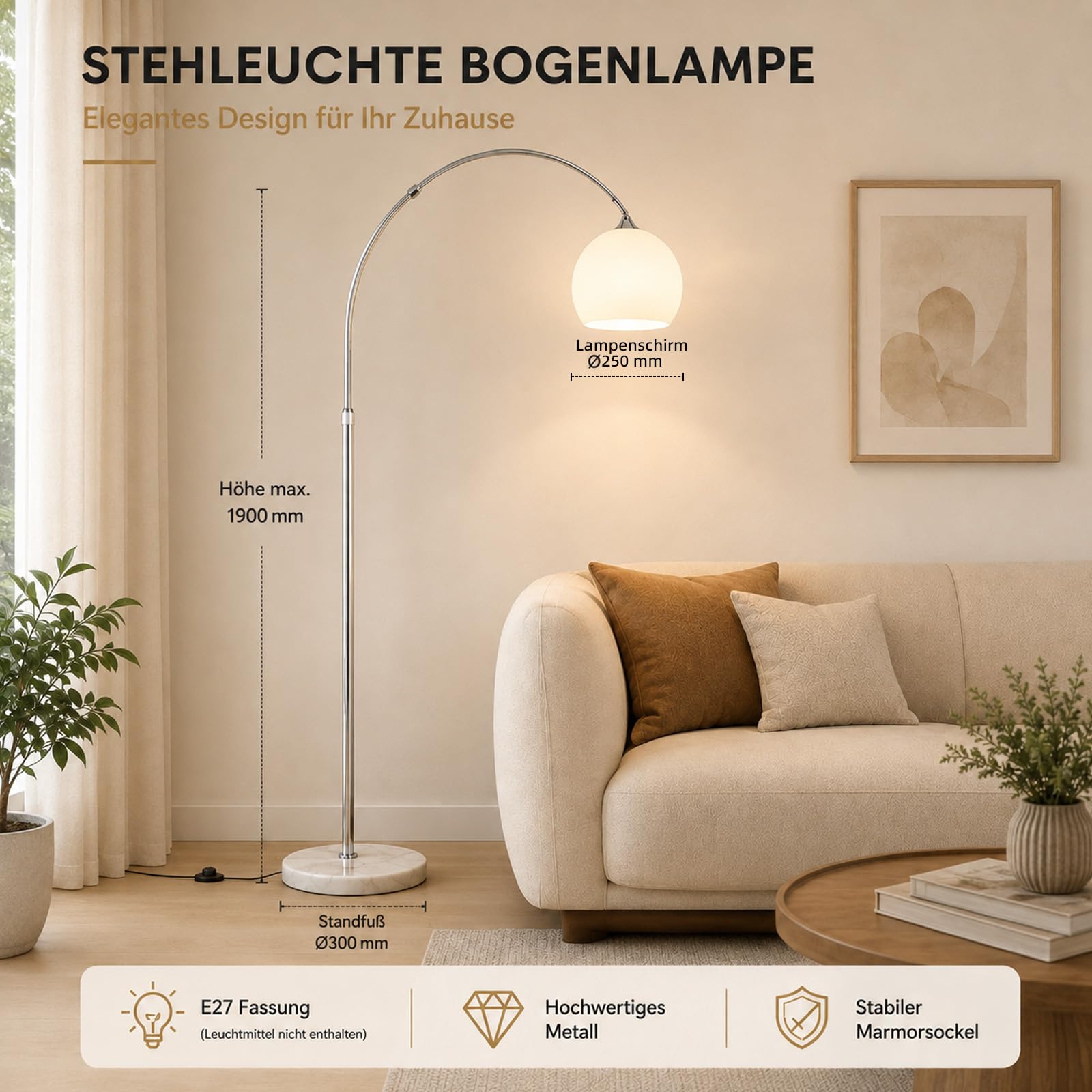 FRIXCHUR Bogenlampe Stehleuchte 190 cm Höhenverstellbar E27