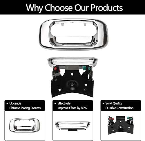 Vista 4 de Juego de manija de puerta trasera y cerradura de bisel, compatible con Chevy Silverado GMC Sierra 1500 2500 3500 1999-2007, exterior cromado