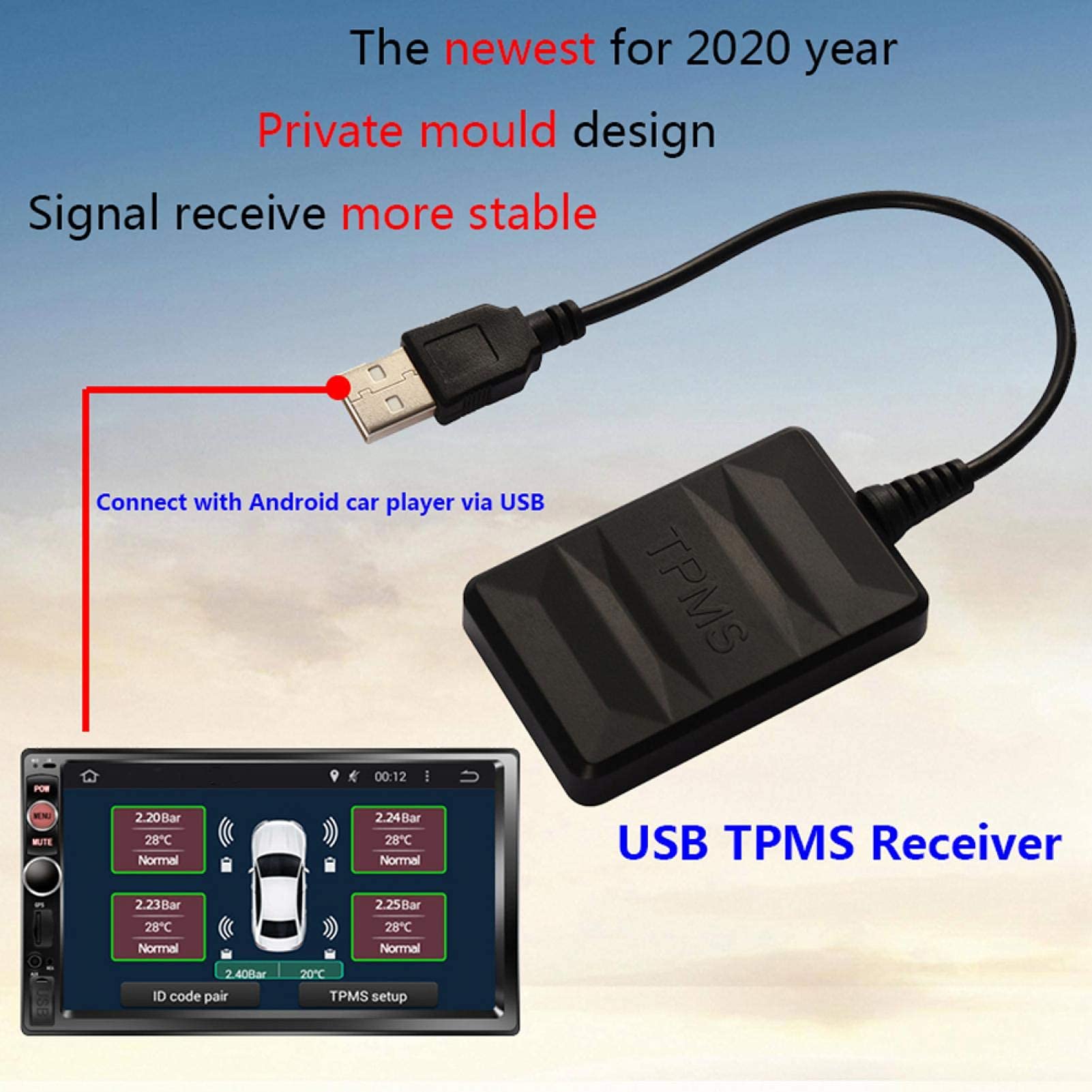 Alarma de presión de neumáticos, sistema de monitorización de presión de neumáticos de coche automático USB TPMS con sensor interno para navegación Android