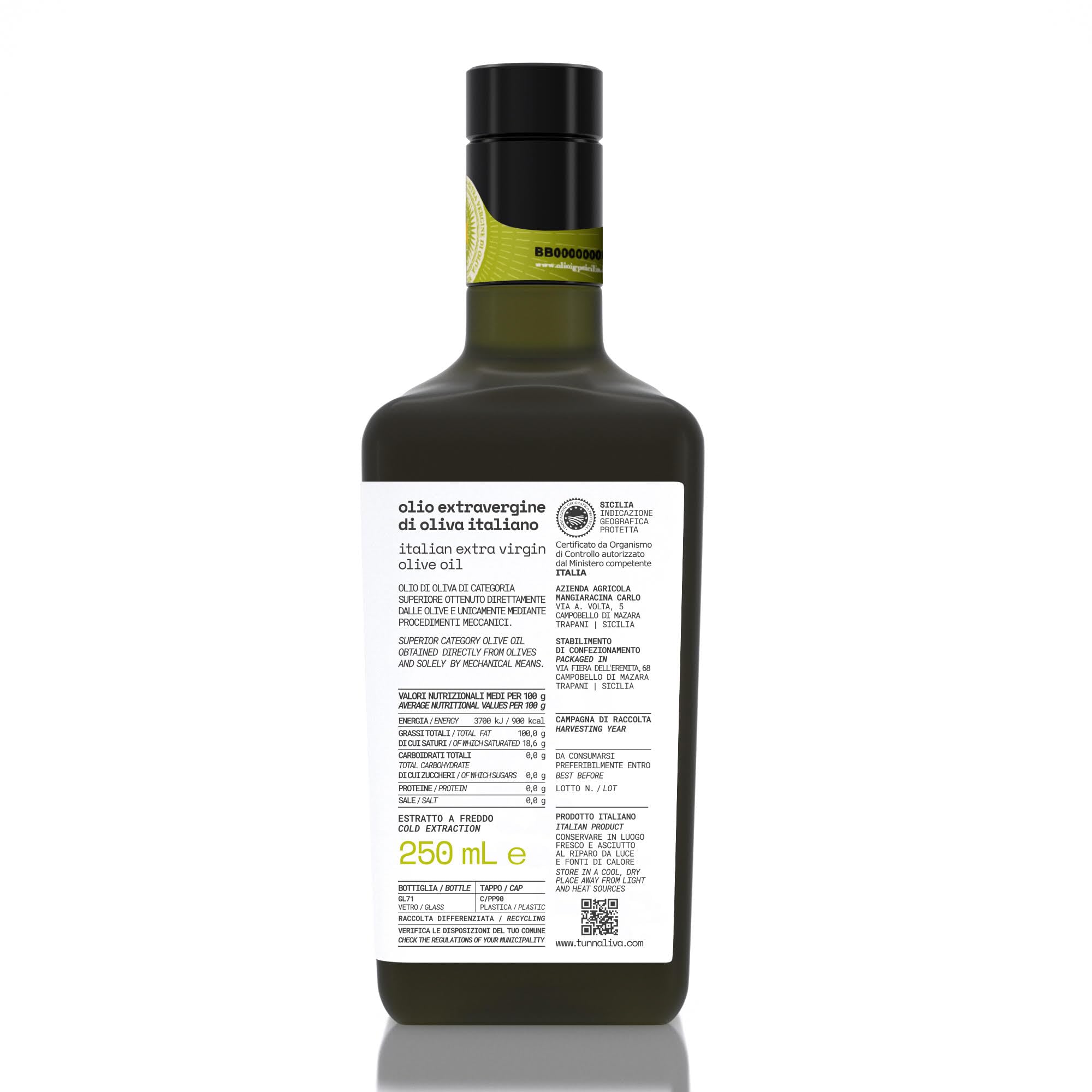 Olio EVO Tunnaliva - Olio Extra Vergine di Oliva Italiano - 100% Nocellara del Belice - IGP Sicilia - Set N.2 Bottiglie 250 mL