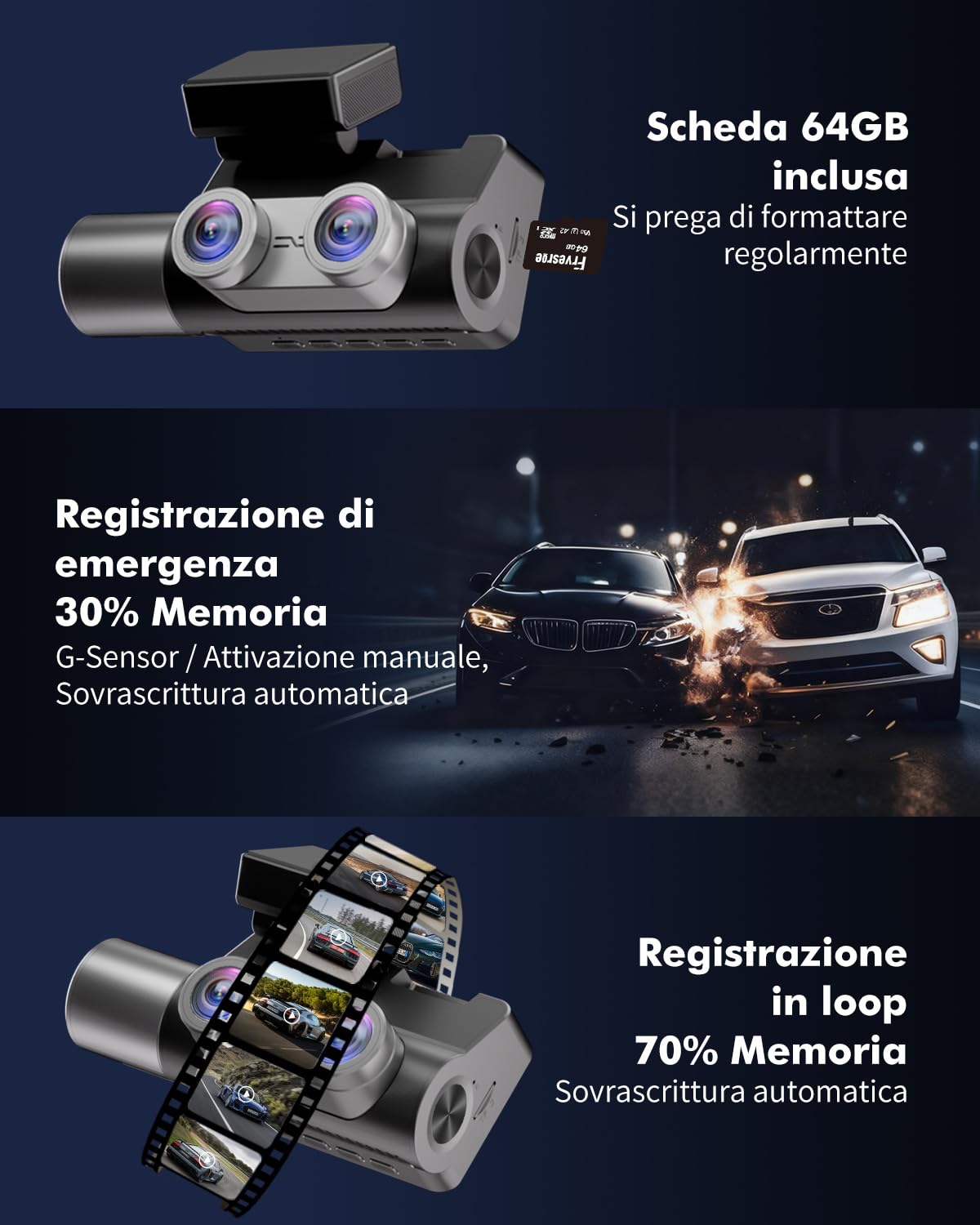 Dash Cam Auto 3 Canali, 4K UHD Anteriore + Full HD Posteriore + Interno, Dashcam con Sorveglianza Parcheggio 24h, WiFi 6 e GPS, Visione Notturna HDR/WDR, Dashcam con scheda 64GB (V1)