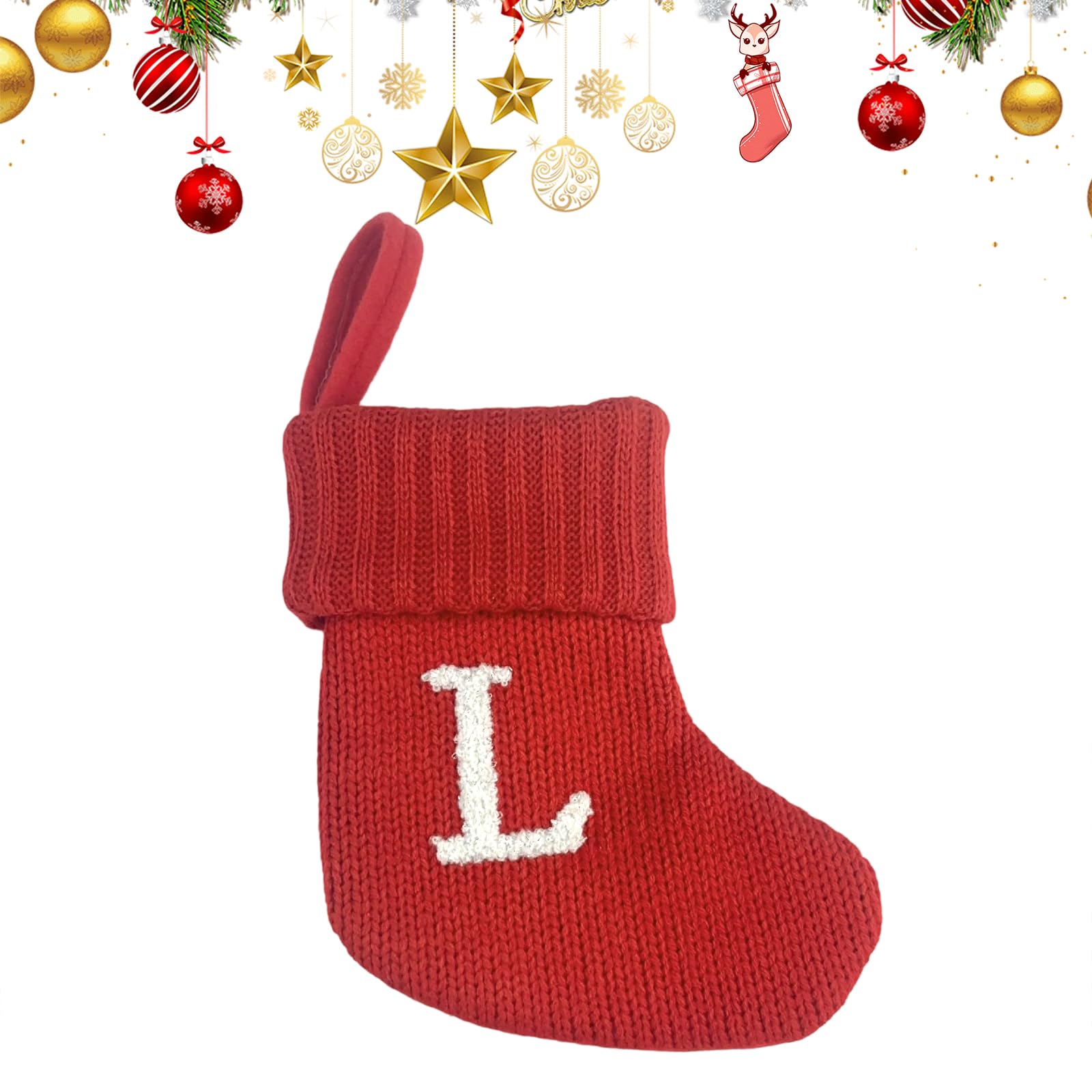 Uoaesr L Christmas Stocking, Knitted Festive Sock With Embroidered Etter, 18X15cm Personalized Christmas Stockings, Hanging Stocking For Fireplace & Tree Decor, Personalised Gift Bag (L)