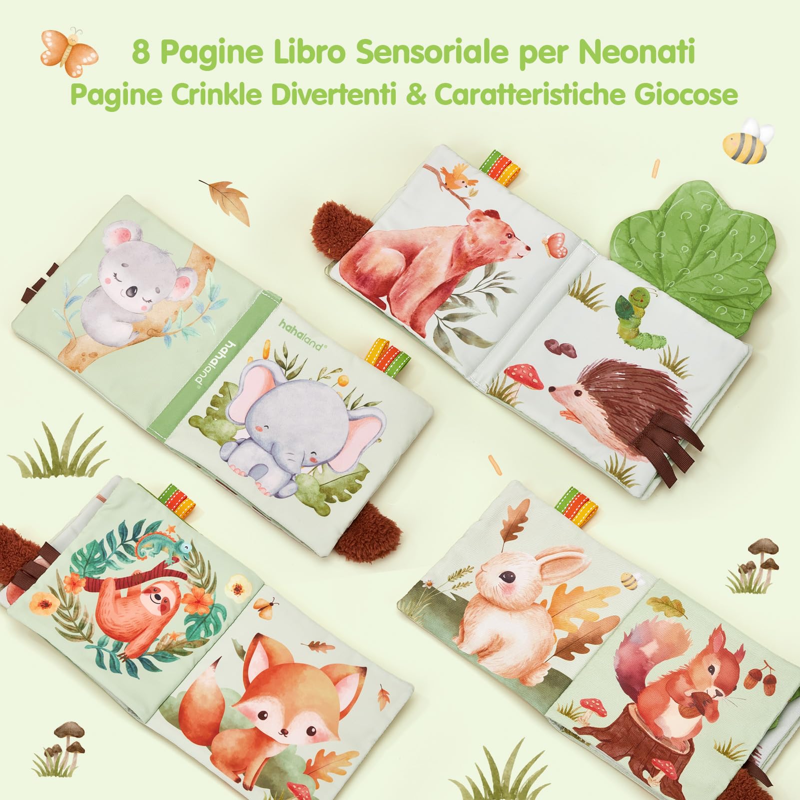 hahaland Regalo Nascita Bimba Bimbo - 9 in 1 Set Neonato Regalo Nascita con Libri Stoffa & Polso e Calzini Sonaglio Sensoriali & Mussole Neonato - kit Neonato per Baby Shower Unisex