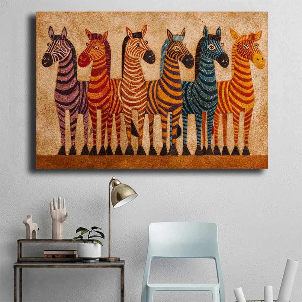 WUFIEA Ogólny abstrakcyjny obraz na płótnie kolorowa zebra do salonu sypialni biura dekoracja (khaki125) - 60 x 90 cm oprawiony