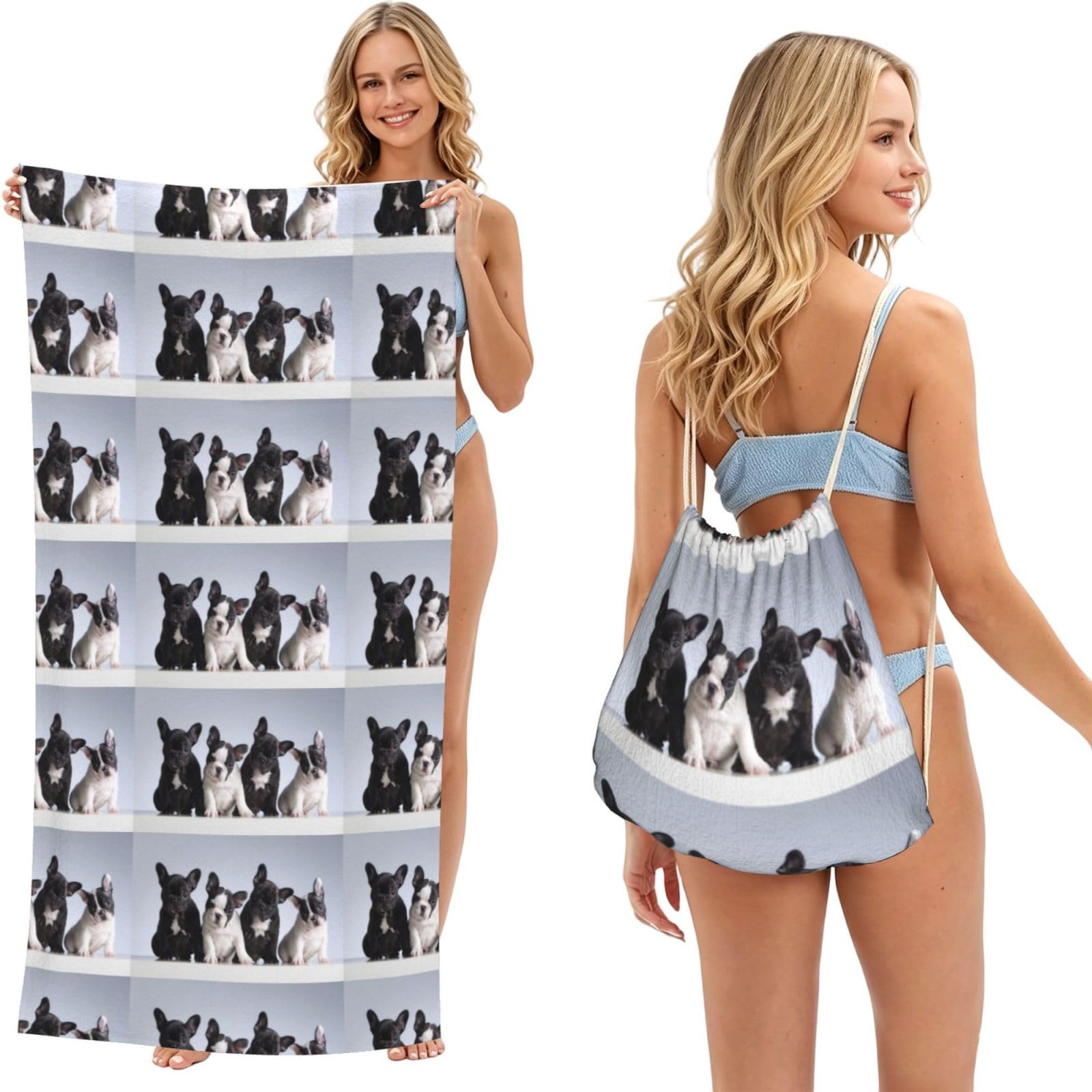 Poadnly As Picture Cute French Bulldog Puppies, 2 In 1 Packable Towel Bag, Beach Towels With Drawstring Backpack For Travel Holiday Camping