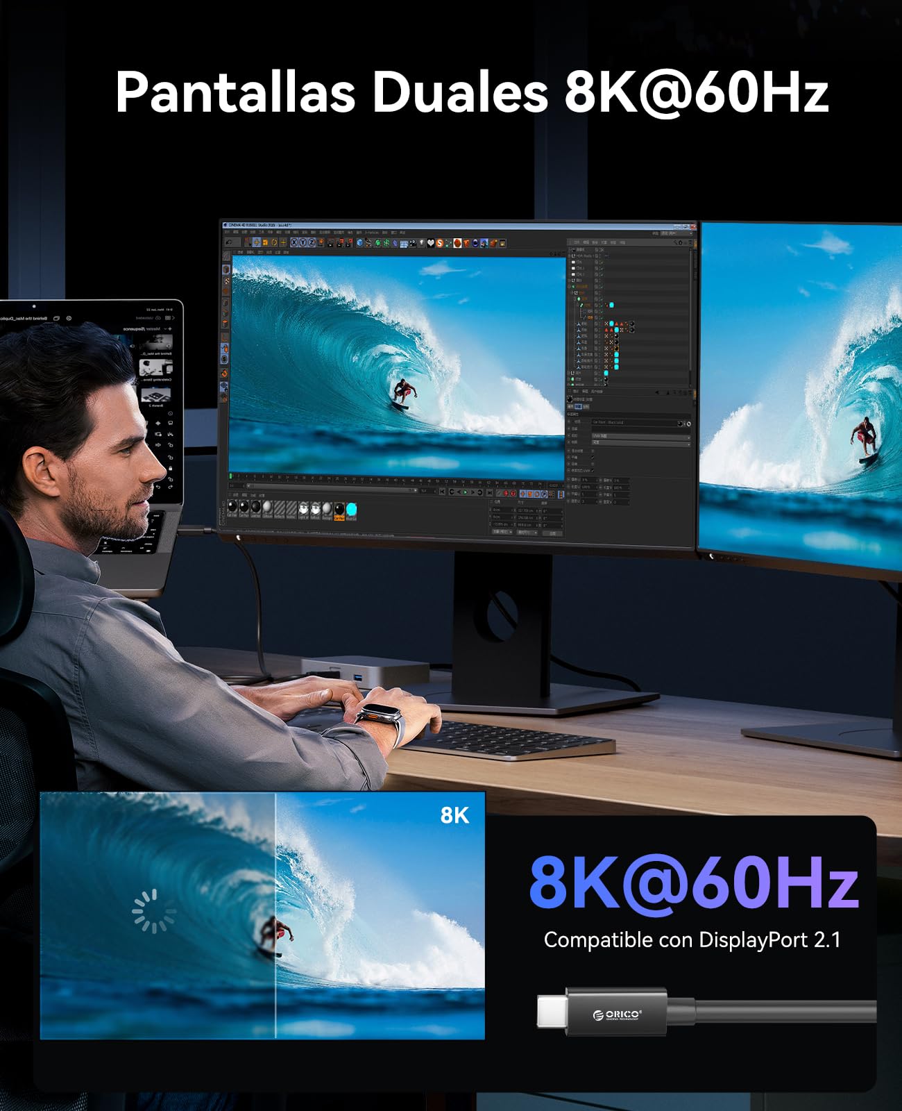ORICO Cable Thunderbolt 5, 80Gbps Cable USB-C a USB-C, 240W de Potencia, hasta 120Gbps de ancho de banda, pantalla 8K, compatible con Thunderbolt 5/4/3, iPhone 16, MacBook