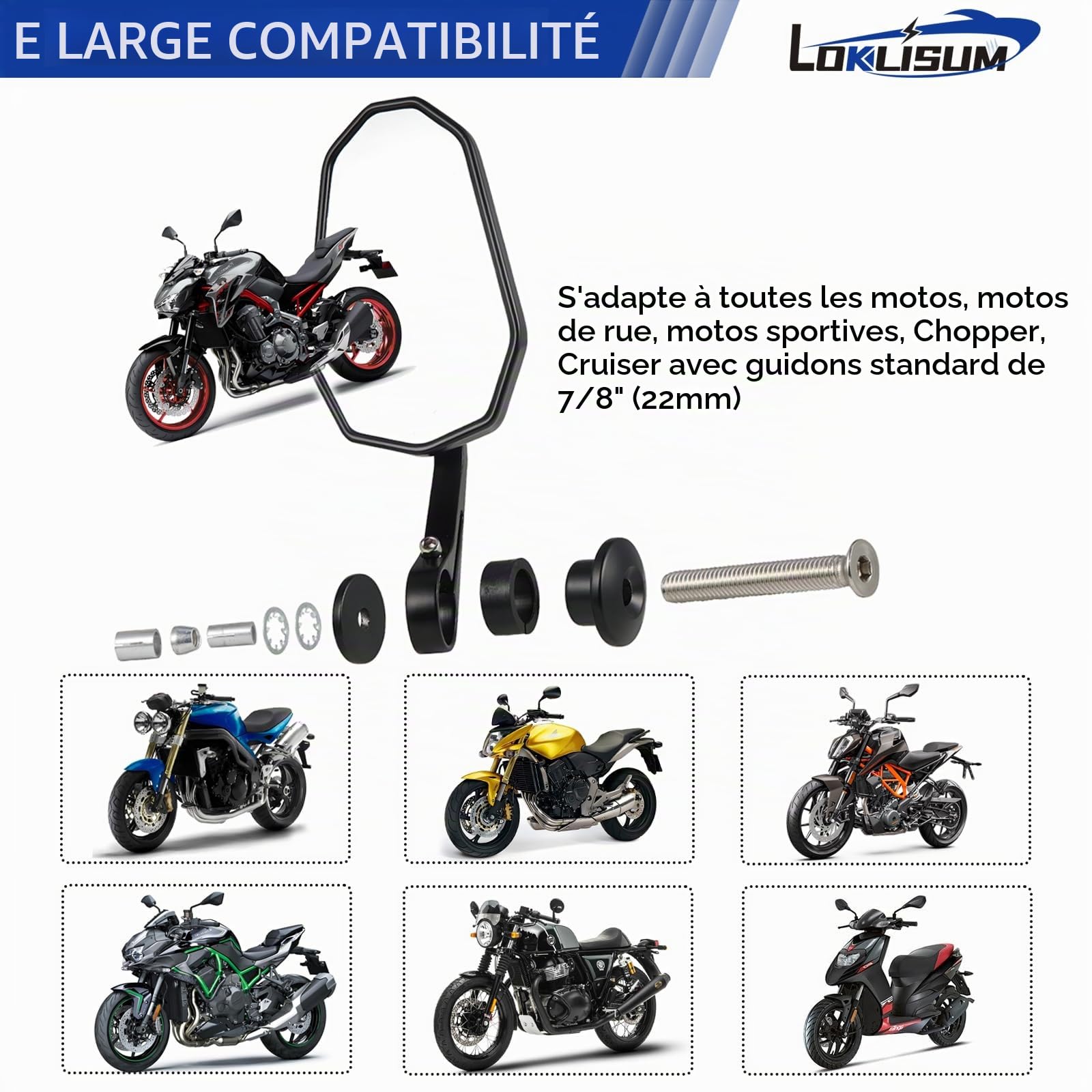 Rétroviseurs de Guidon de Moto avec Homologué E, 7/8" 22mm Aluminium Rétroviseurs Latéral Universels Compatible avec Scooter Roller Quad ATV MT07 MT09 Z800 Z1000