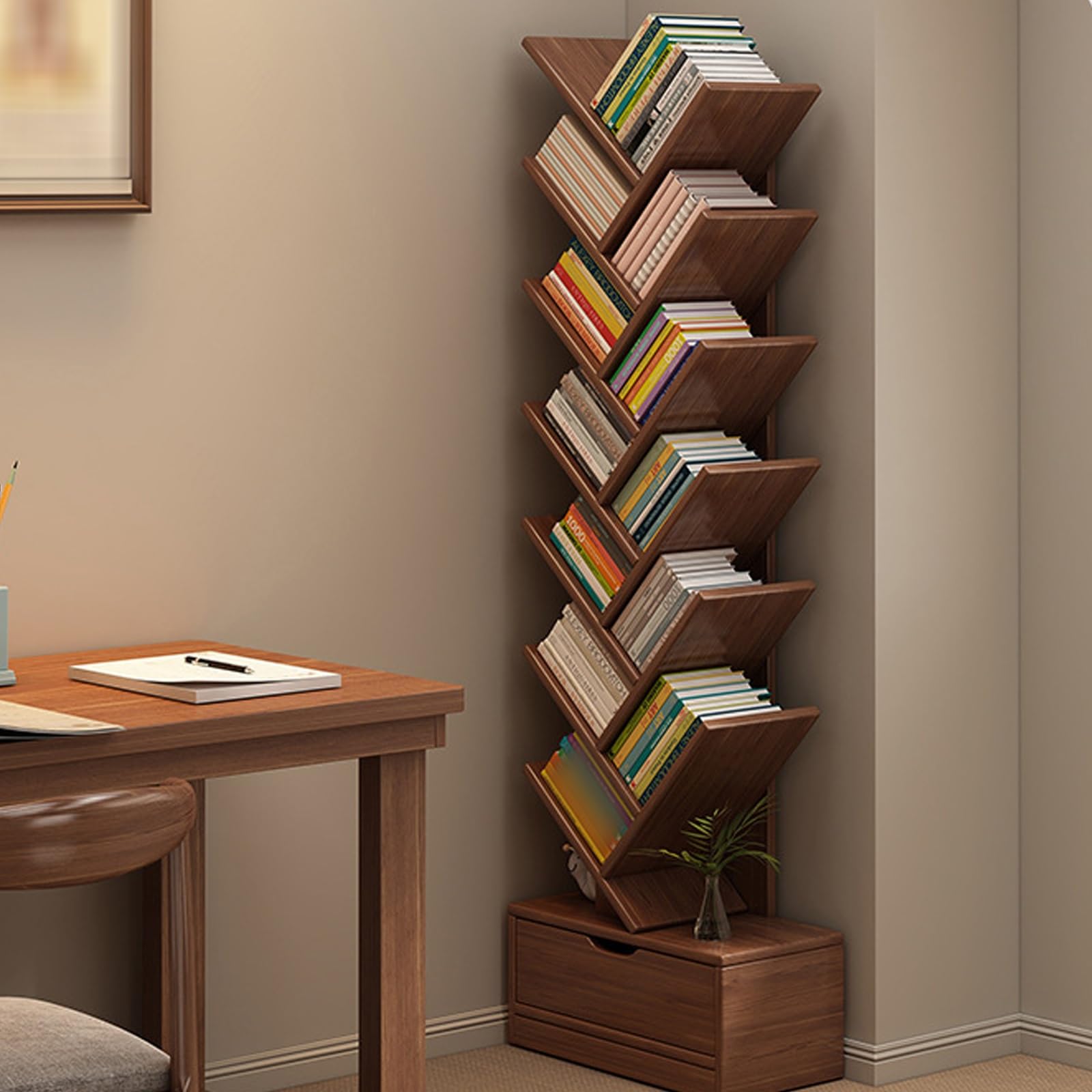 Libreria Verticale a Colonna Libreria Cameretta Bambina Realizzato in Legno Massello, con Armadi, Forte capacità Portante, Librerie da Terra per Ufficio e Casa(A,34 * 20 * 139CM)