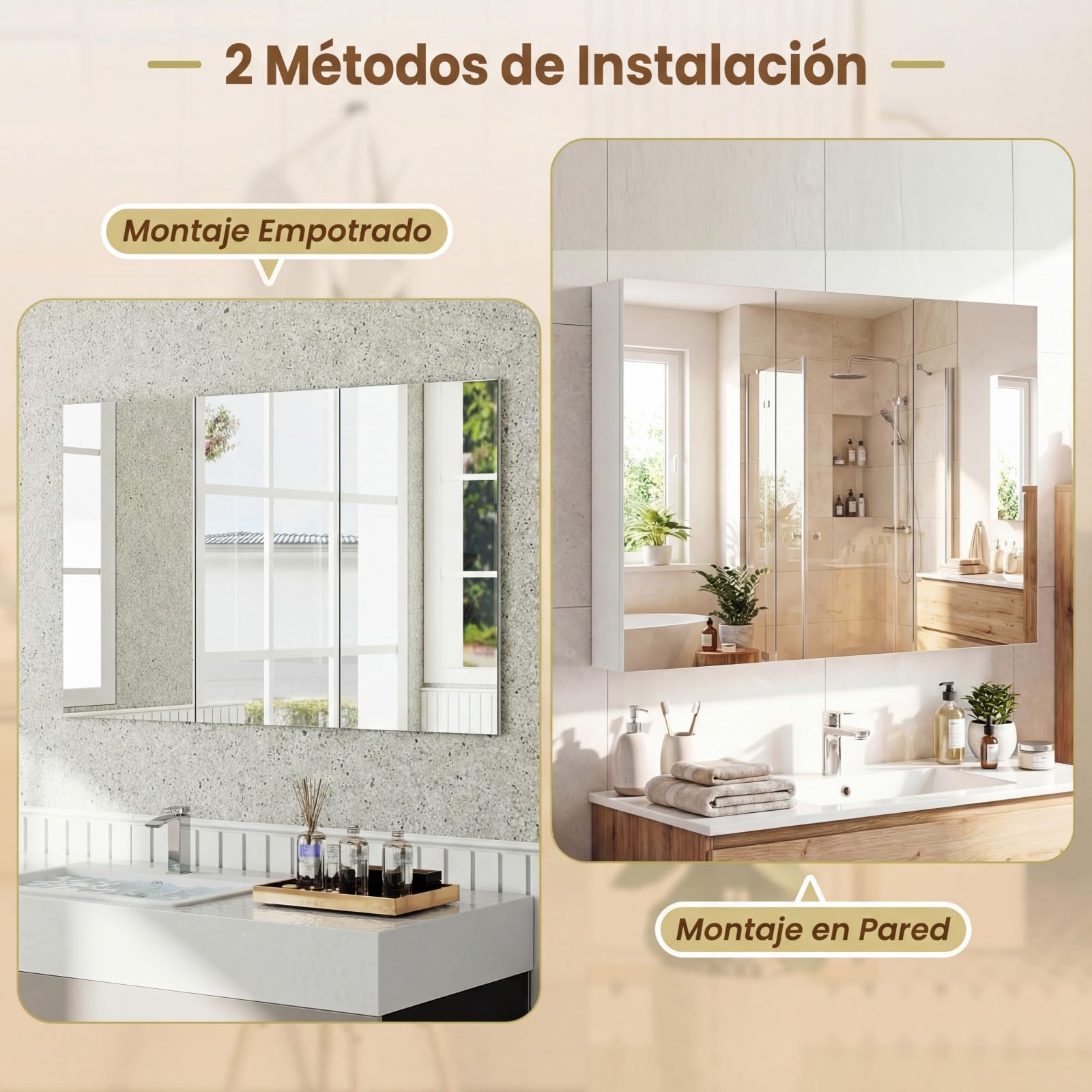 COSTWAY Armario de Espejo de Baño con 3 Puertas, Armario de Pared Baño con 6 Compartimentos, Superficie de Imitación Madera y Marco de Madera, 87 x 65 x 12,5 cm