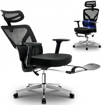 Ergonomic Office Chair with Adjustable Lumbar Support, 2D Headrest, Retractable Footrest & Breathable Mesh Back - High-Back Desk Chair for Computer, Gaming, and Home Office