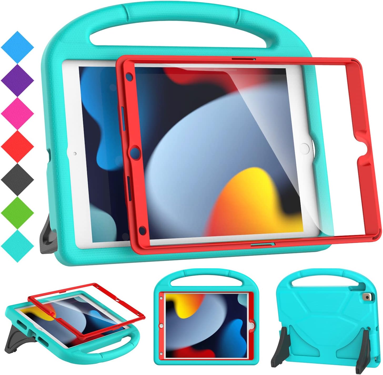 SUPLIK Kids Case for iPad 9th/8th/7th Generation - iPad 10.2 inch 2021/2020/2019 Case with Built-in Screen Protector, Durable Shockproof Handle Stand Kids Case for Apple iPad 7/8/9 Gen, Cyan&Red