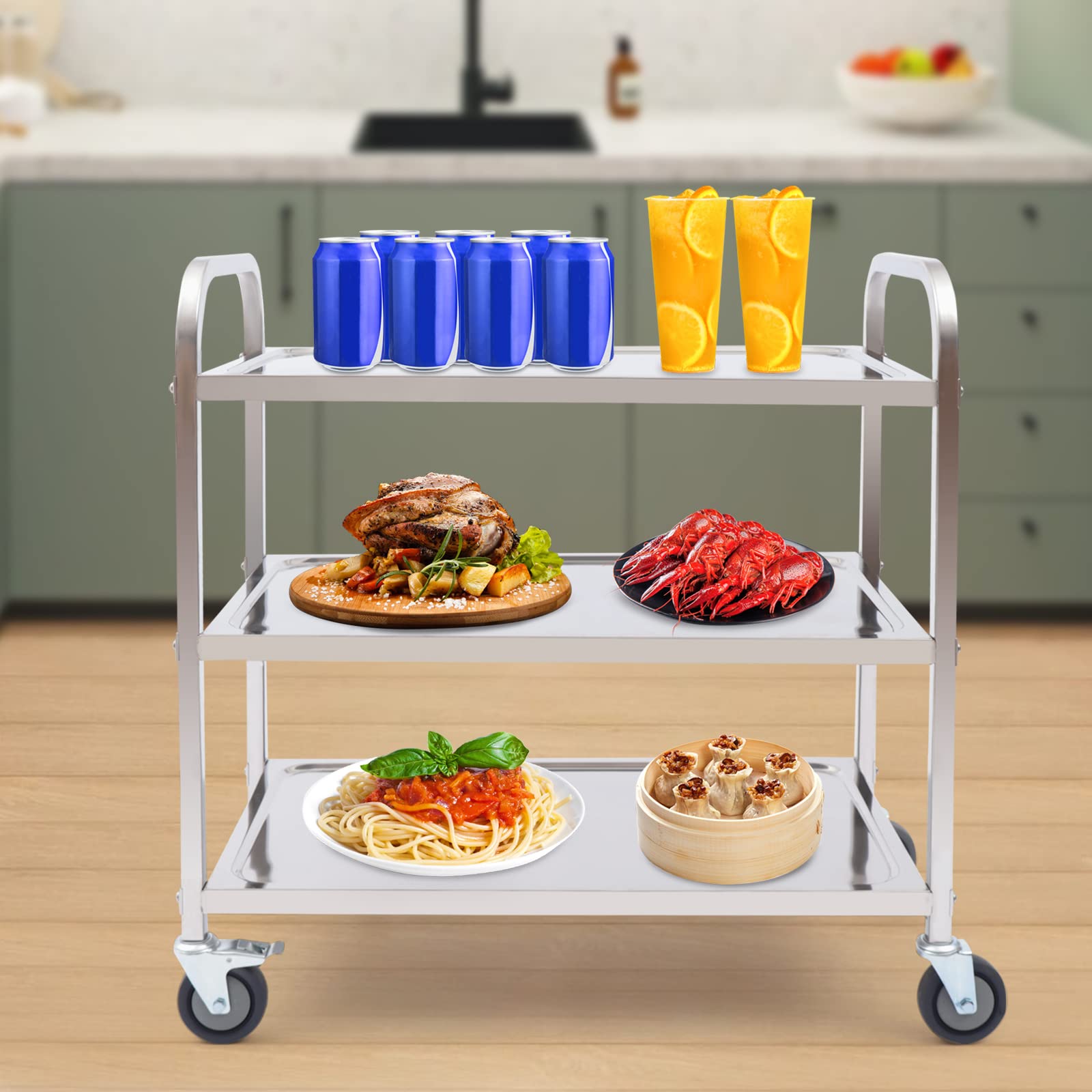 Carrello di servizio a 3 ripiani in acciaio inox, carrello da cucina, carrello per alimenti, carrello con freno, carrello per ristoranti, biblioteche, cucina, soggiorno, camera da letto, 85 x 45 x 90