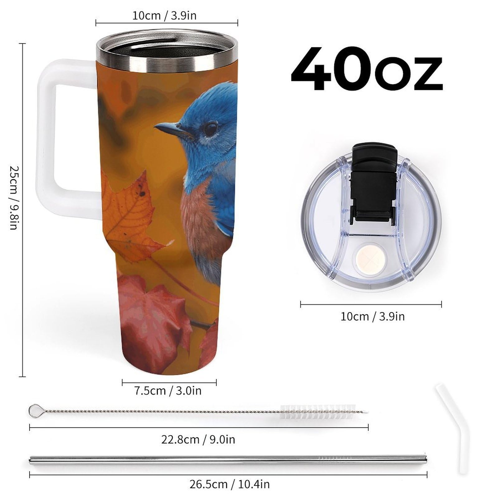 Autobecher aus 304 Edelstahl, 1,2 l, blauer Vogel und Blätter, Becher mit Strohhalm und auslaufsicherem Deckel, großes Fassungsvermögen, vakuumisolierter Reisebecher für Auto-Becherhalter