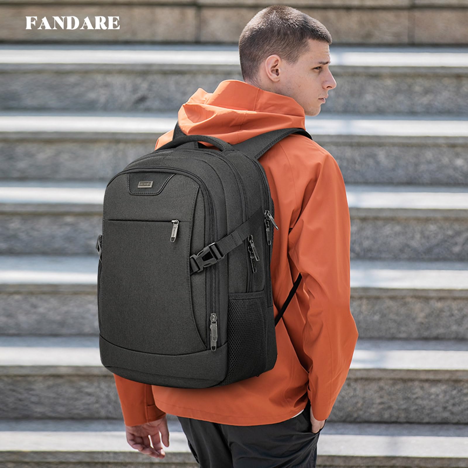 FANDARE Mochila Ordenador Mochila Hombre Mochila Portatil Mochila Impermeable con Puerto de Carga USB Bolsos Bandolera Backpack para Negocio Trabajo Diario Viaje Escolares Mochila Negro