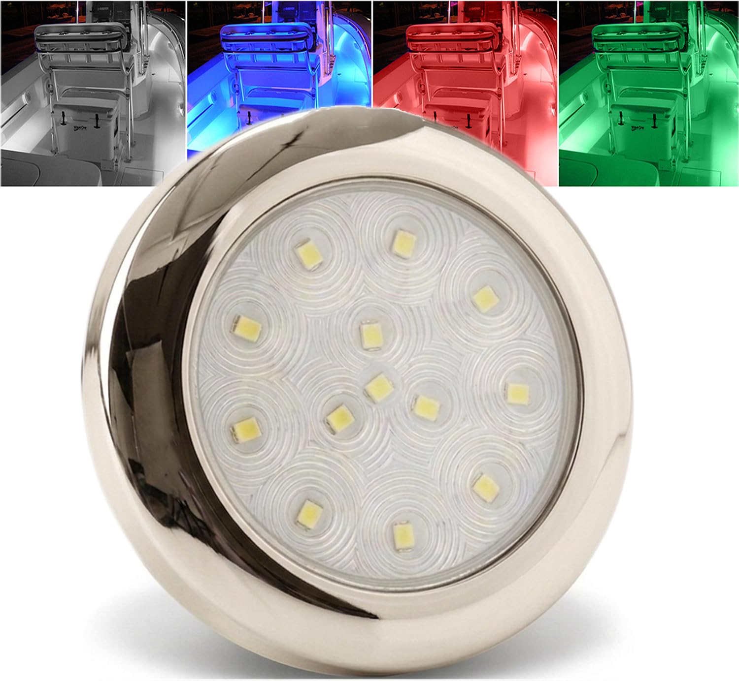 Wave One Marine SURFACE Mount 4" RGBW Internal Driver LED Courtesy Boat Light | RV Accent | Interior Exterior Deck Transom Cockpit T Top | Waterproof IP68 (Stainless Bezel)