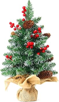 Tabletop Mini Pine Cones Berry Christmas Tree, 2ft Artificial Small Xmas Tree for Desk or Bedroom, with Burlap Base for Indoor Holiday Decor