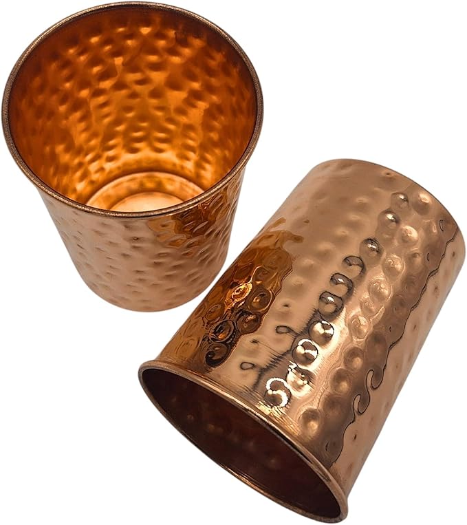 2er Set Kupfer Trinkbecher – 200 ml – reines Kupfer 99,9% – Hammerschlag Design – Handarbeit aus Indien – Ayurvedisches Trinken, Wasserbecher, Geschenkidee