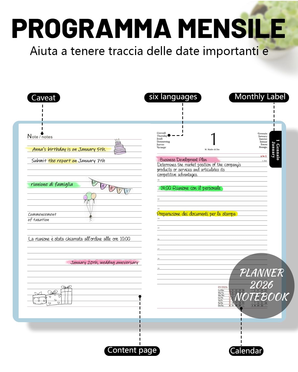 400 Pagine HW CASA Agenda 2026 Giornaliera A5,Festività (DE/IT/ES/EN/FR), Passante e Portapenna | Festività (DE/IT/ES/EN/FR), Riepiloghi Mensili | Gennaio-Dicembre