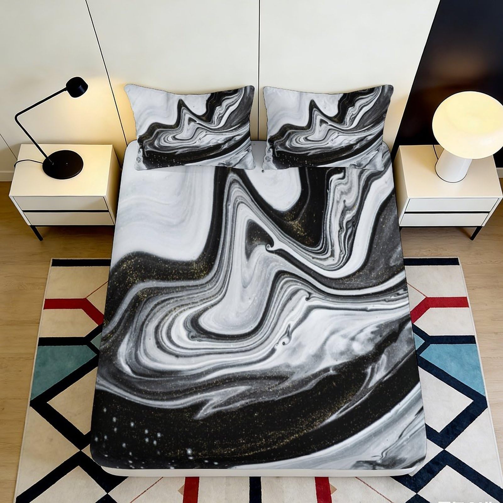 3D Printed Marble Pattern Fitted Sheet Microfiber Deep Pocket Marble Design Mattress Fitted Cover Elastic Wrap Bedding 140x200x25cm