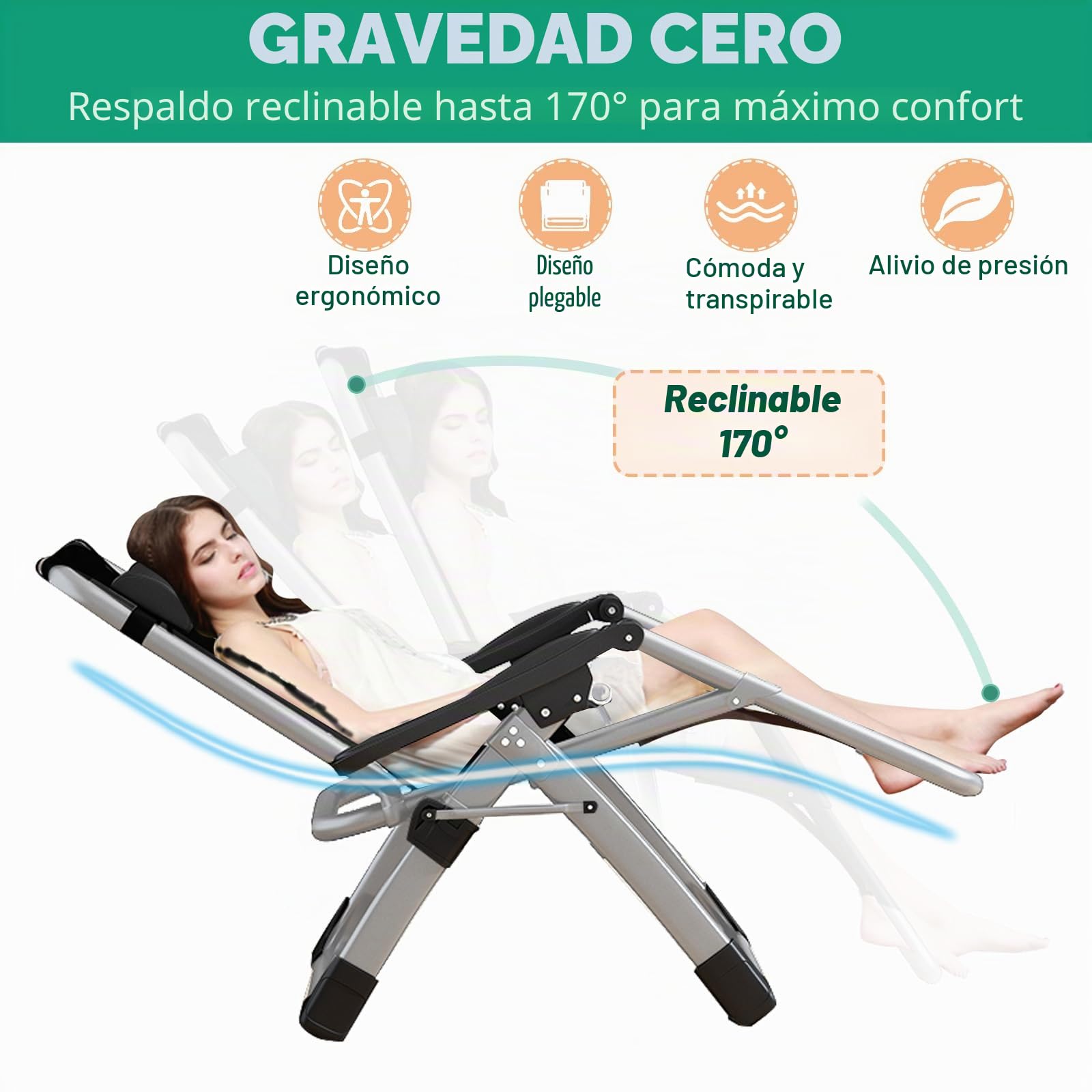 Tumbona plegable para el sol, silla de terraza, con capacidad de carga de 200 kg, silla de gravedad cero con soporte de cojín, portavasos, tumbona de jardín extraancha ajustable para patio