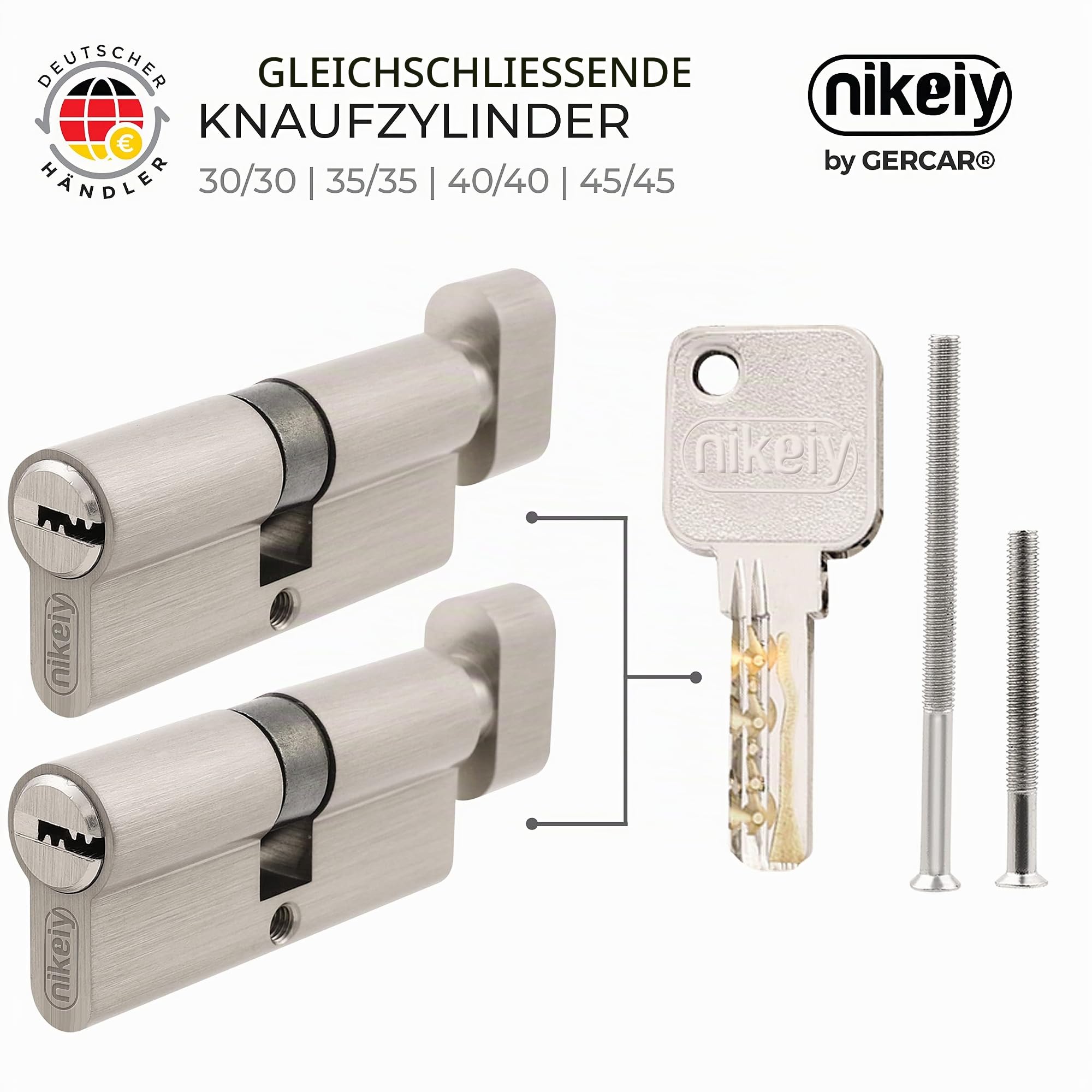 GERCAR Pro Knaufzylinder 35/35 Massiver Schließzylinder gleichschließend mit Knauf - 2er Set Zylinderschloss aus Messing Matt Vernickelt - inkl. 10x Wendeschlüssel - Länge: 70 mm, A:35 B:35-2x