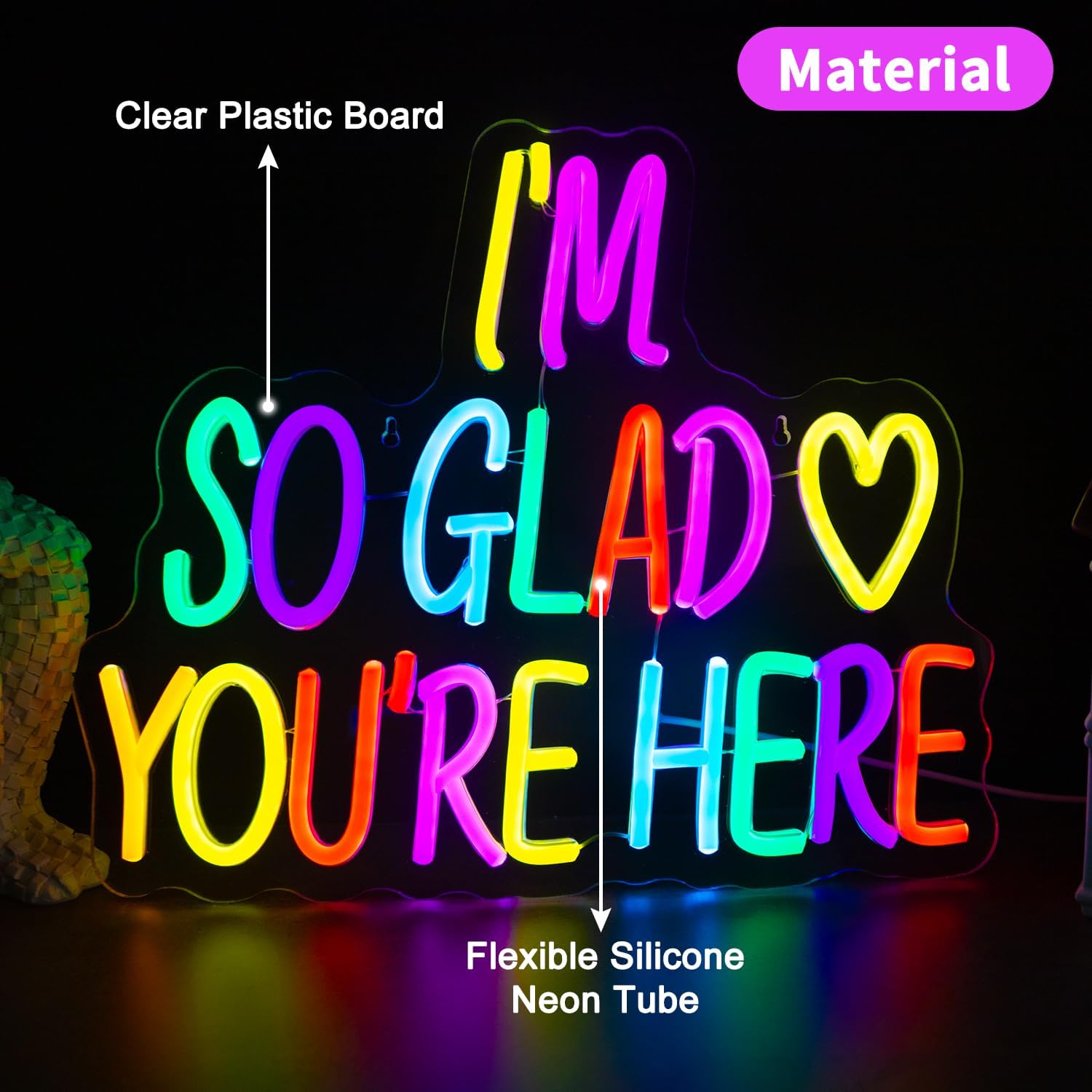 I'm So Glad You're Here Neon Sign, Letter Neon Signs for Wall Decor Dimmable Light up Sign, Classroom Wedding Kids Room Store Home Neon Decor 14.17 x 12.2 inch