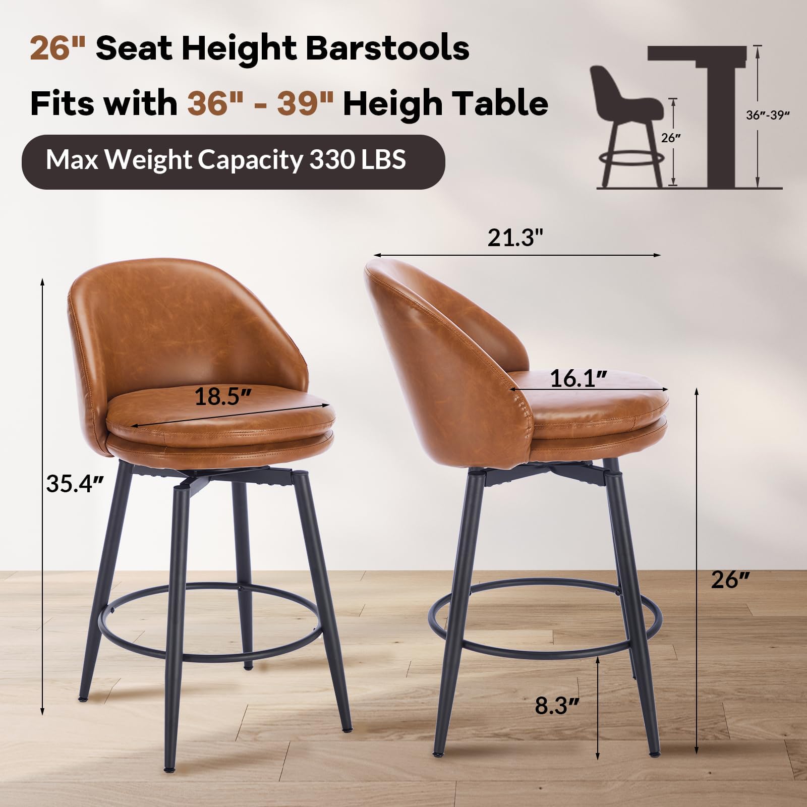 Garvee Lot de 2 Tabourets de Bar Modernes Pivotants 66 cm, Marron