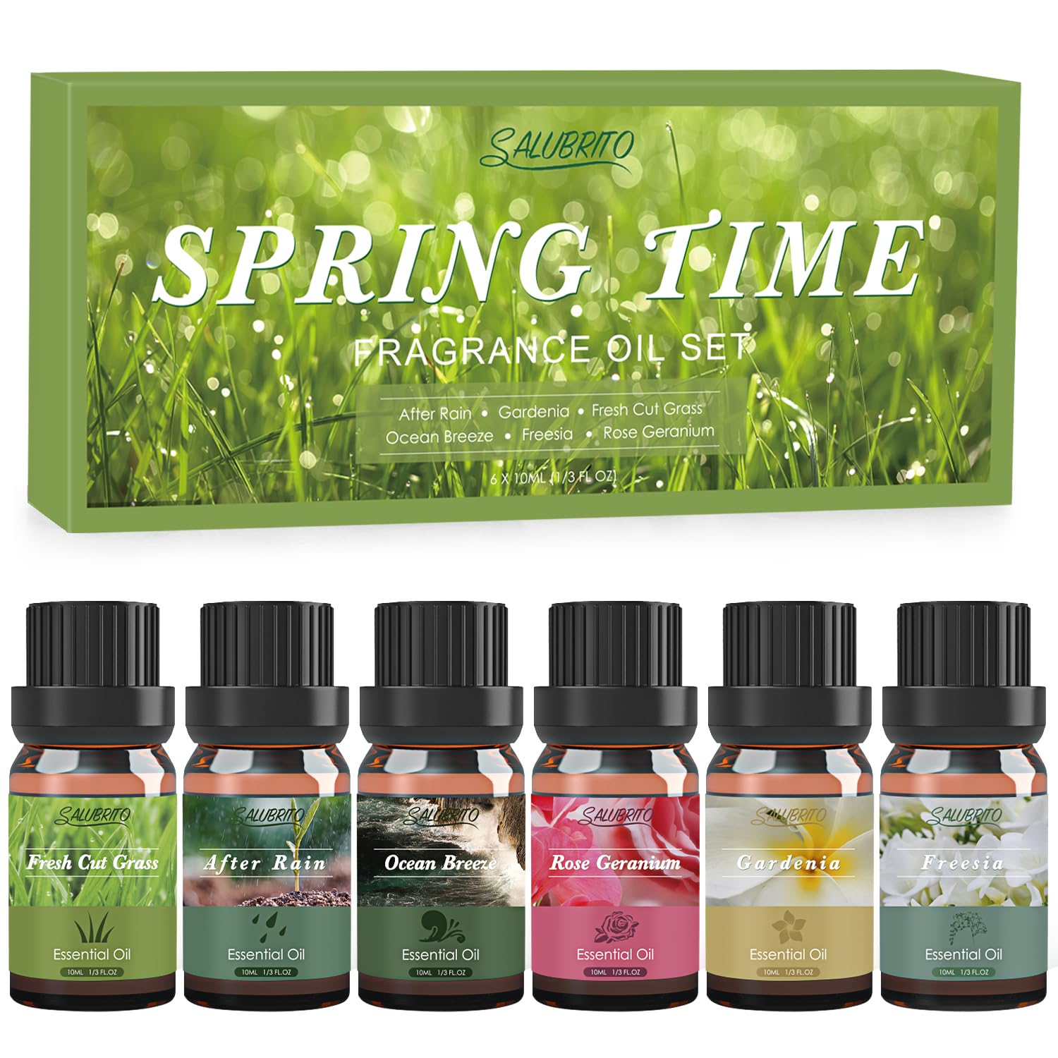 SALUBRITO Spring Essential Oils Set - After Rain, Gardenia, Fresh Cut Grass, Ocean Breeze, Freesia, Rose Geranium Fragrance Oils for Diffuser, Candle, Soap Making, Strong Scented Oils Gift Set