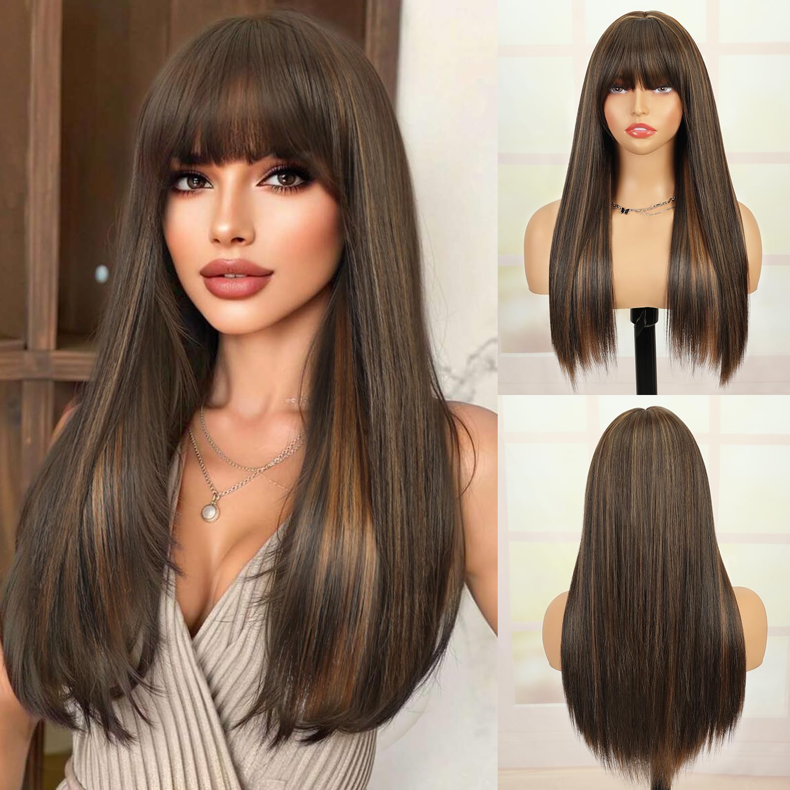 Creamily Long Brown Wig with Bangs for Women Straight Synthetic Wig with Bangs Heat Resistant Layered Natural Looking Wigs for Daily Party Use 26 Inch (Deep Brown with Caramel Highlights)