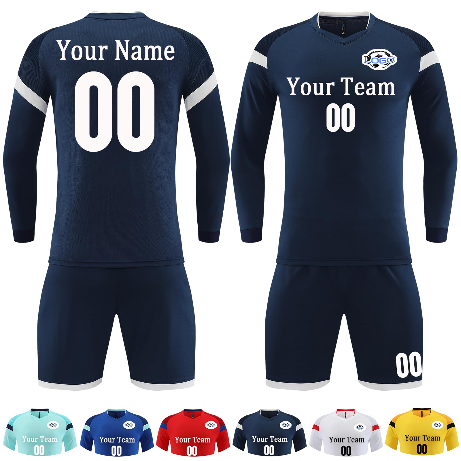 Custom Long Sleeve Soccer Jersey for Kids Boys Youth Men Women Personalized Soccer Uniform with Name Number Logo Sapphire Blue