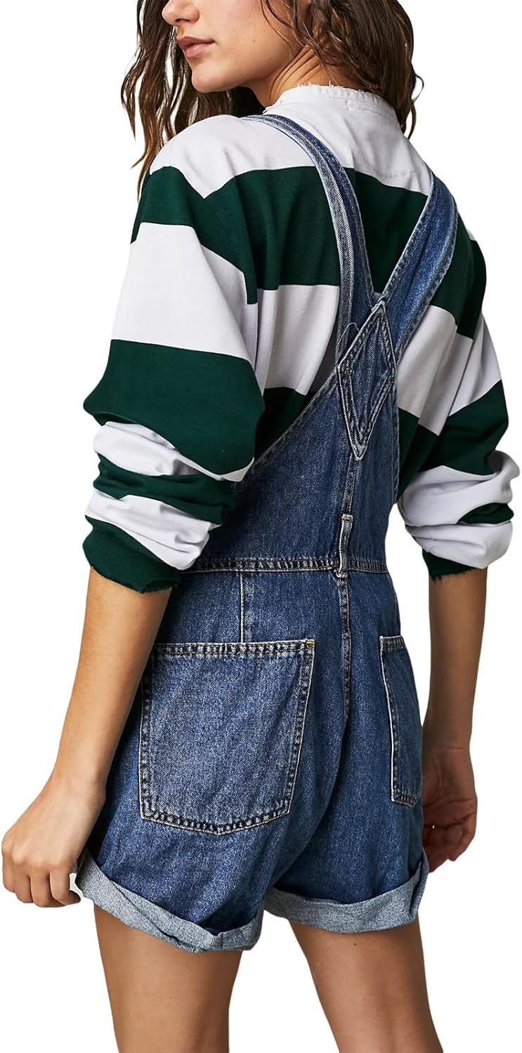 Owl's-Yard Women Denim Bib Overalls shorts Adjustable Straps Rolled Cuff Shortall Rompers Denim Jumpsuit Dungaree - Image 4
