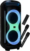 Caixa de Som Bluetooth Portátil 300W TWS, 2 Woofers 8 Polegadas, Bateria 12V 10Ah, Tela Digital, Entradas USB e AUX com 2 Microfones sem Fio para Festas e Karaokê - Preto