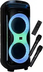 Caixa de Som Bluetooth Portátil 300W TWS, 2 Woofers 8 Polegadas, Bateria 12V 10Ah, Tela Digital, Entradas USB e AUX com 2 Microfones sem Fio para Festas e Karaokê - Preto
