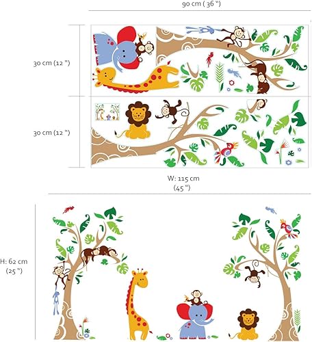 Miniatura 5 de Runtoo Calcomanías de pared de árbol de animales de la selva para guardería, dormitorio de bebé, niños, mono, jirafa, elefante, calcomanías de pared
