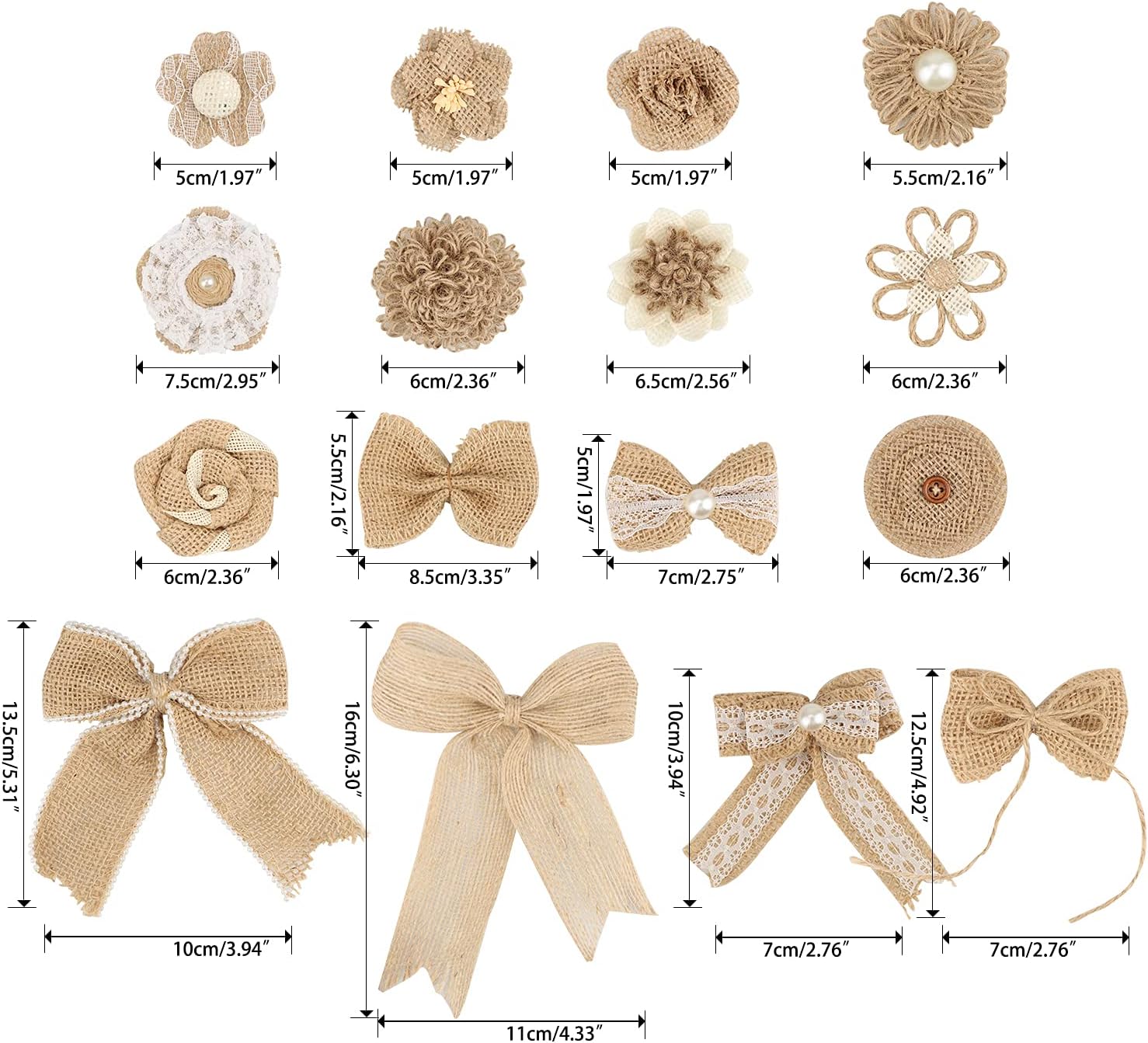 GUIFIER 32 Pack Burlap Flowers and Burlap Bows Set Lace Flowers Lace Bowknot and Craft Burlap, Rustic Pearl Burlap Flowers with Glue Point for DIY Crafts Wedding Party Decor Embellishment, Christmas