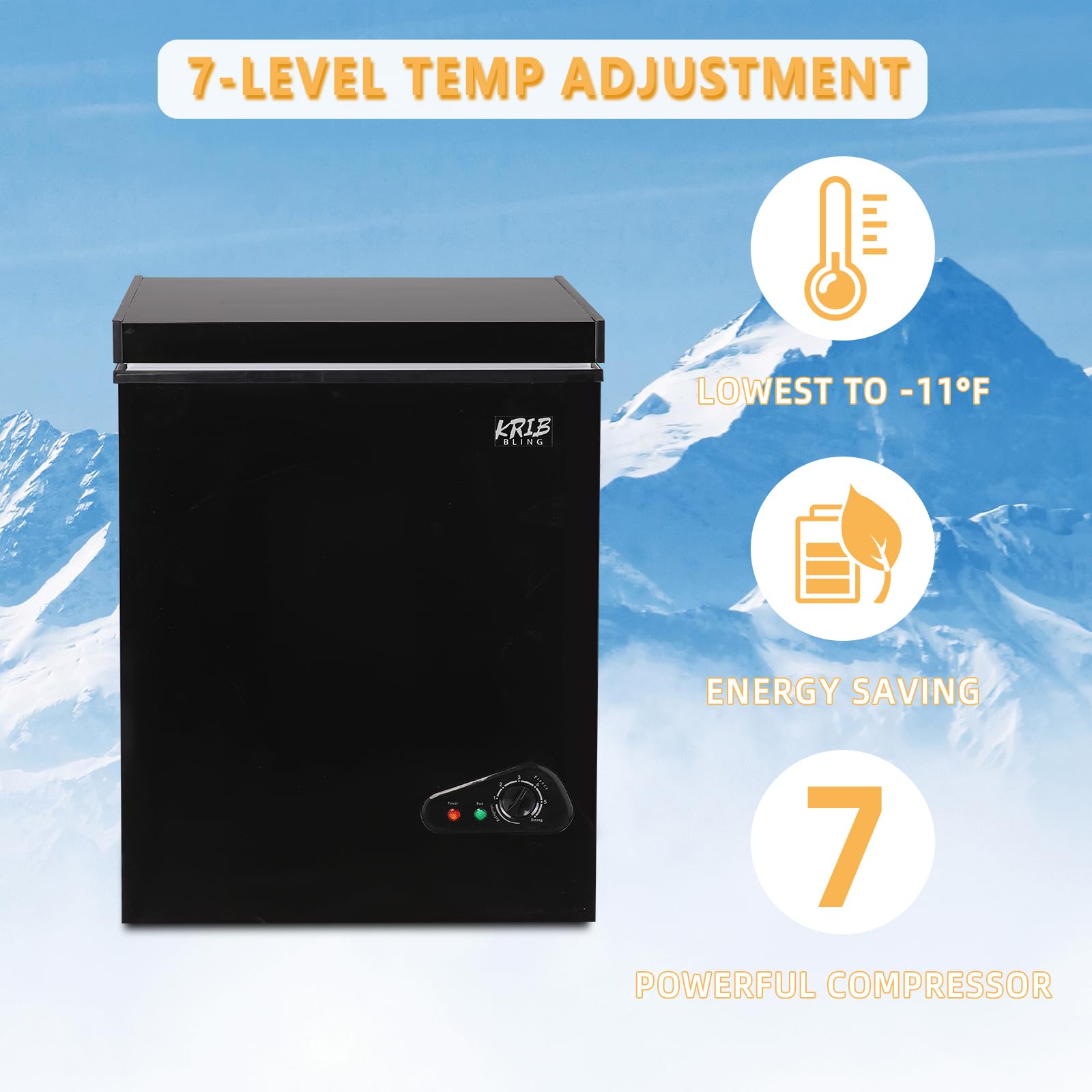 KRIB BLING Chest Freezer with Removable Basket, 3.5 Cu. Ft Mini Freezer 7 Temperature Levels Thermostat, Top Door Open, Ideal for Home, Kitchen & Office, Black on Fridge.com