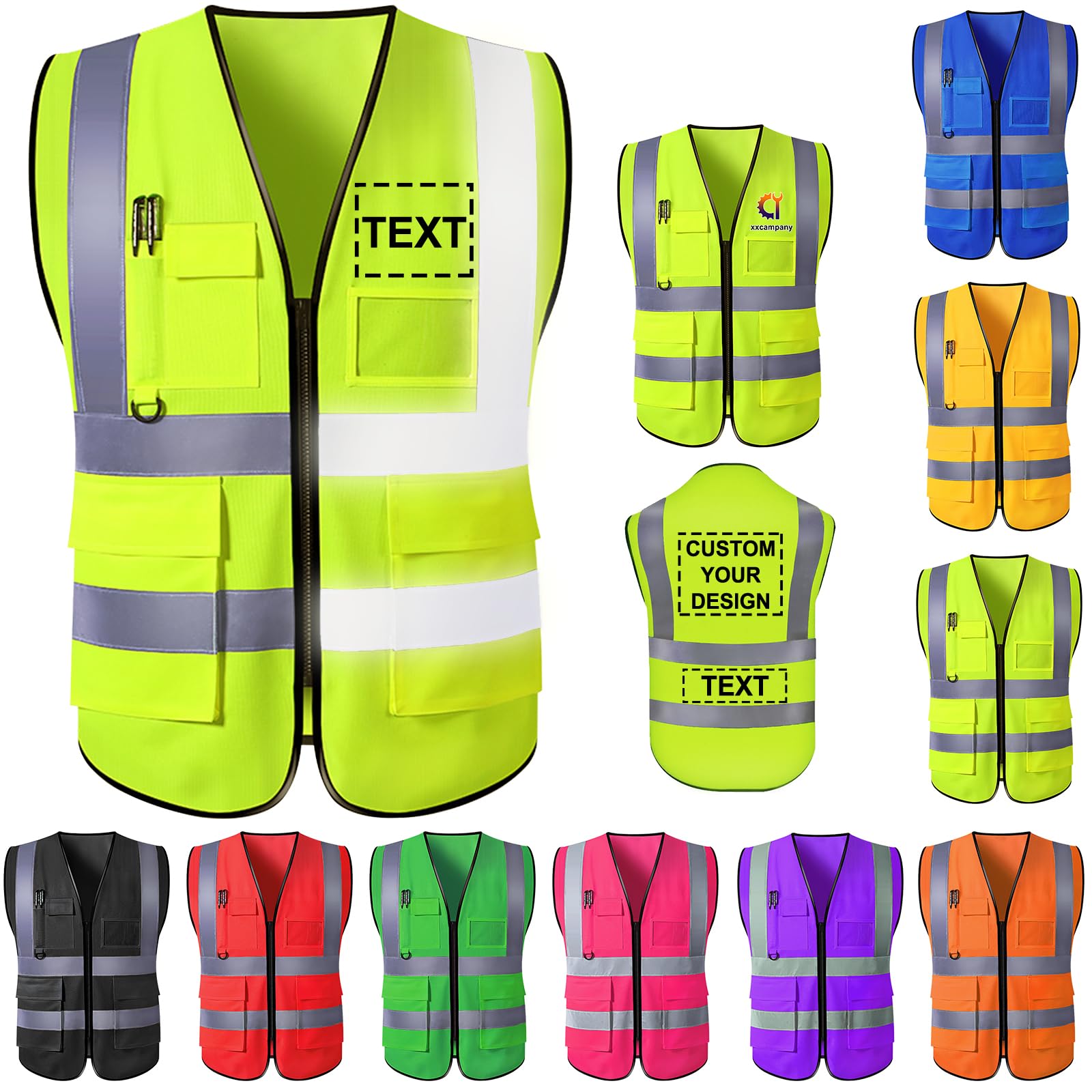 YAEILOV Custom Safety Vest for Men High Visibility Protective Workwear 5 Pockets With Reflective Strip Personalized Your Text/Logo/Image Safety Accessories for Outdoor Works(Fluorescent green,L)