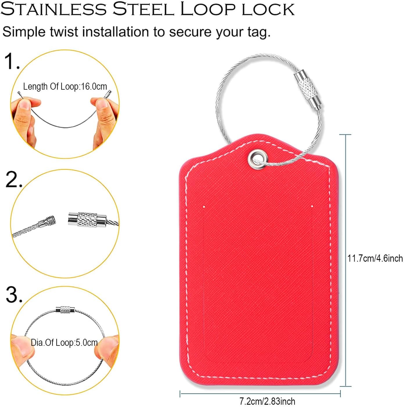 Luggage Tags for Suitcases-Leather Luggage Tag 4 Pack with Loops Cute Bag/Backpack/Suitcase Tags Travel Essentials for Flying (Red) image 2