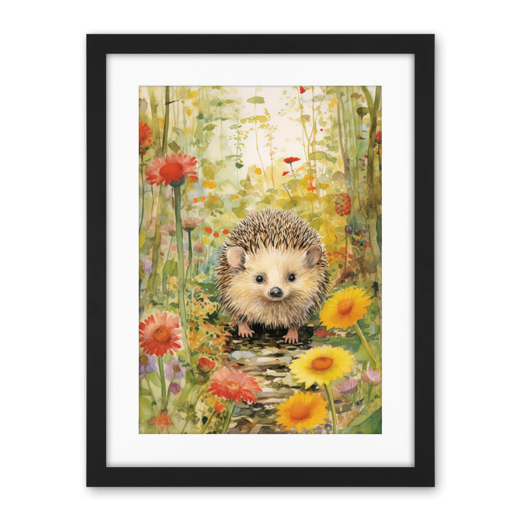 Artery8 Adorable Hedgehog in a Wildflower Meadow Watercolour Painting Kids Bedroom Cute Woodland Creature Artwork Framed Wall Art Print 18X24 Inch