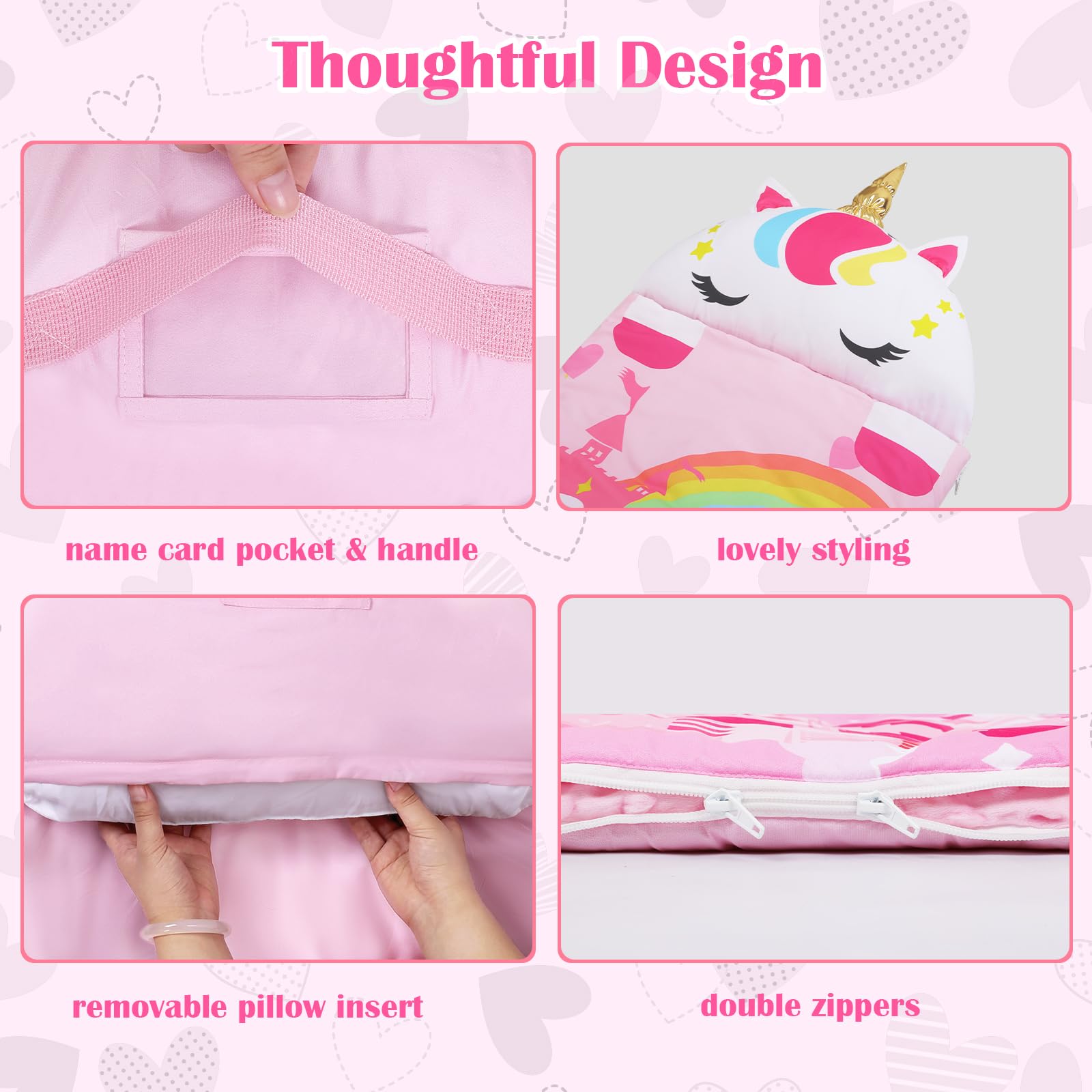 Decalsweet Nap Mat Caldo per Bambini con Rimovibile Cuscino, Sacco a Pelo Pieghevole per Ragazze Ragazzi, Nap Mats con Doppia Cerniera per Campeggio, Scuola Materna e Asilo, 150×60cm